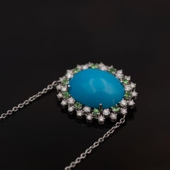 Collier pendentif en or blanc 18K avec turquoise, tsavorite et diamant