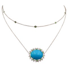 Collier pendentif en or blanc 18K avec turquoise, tsavorite et diamant