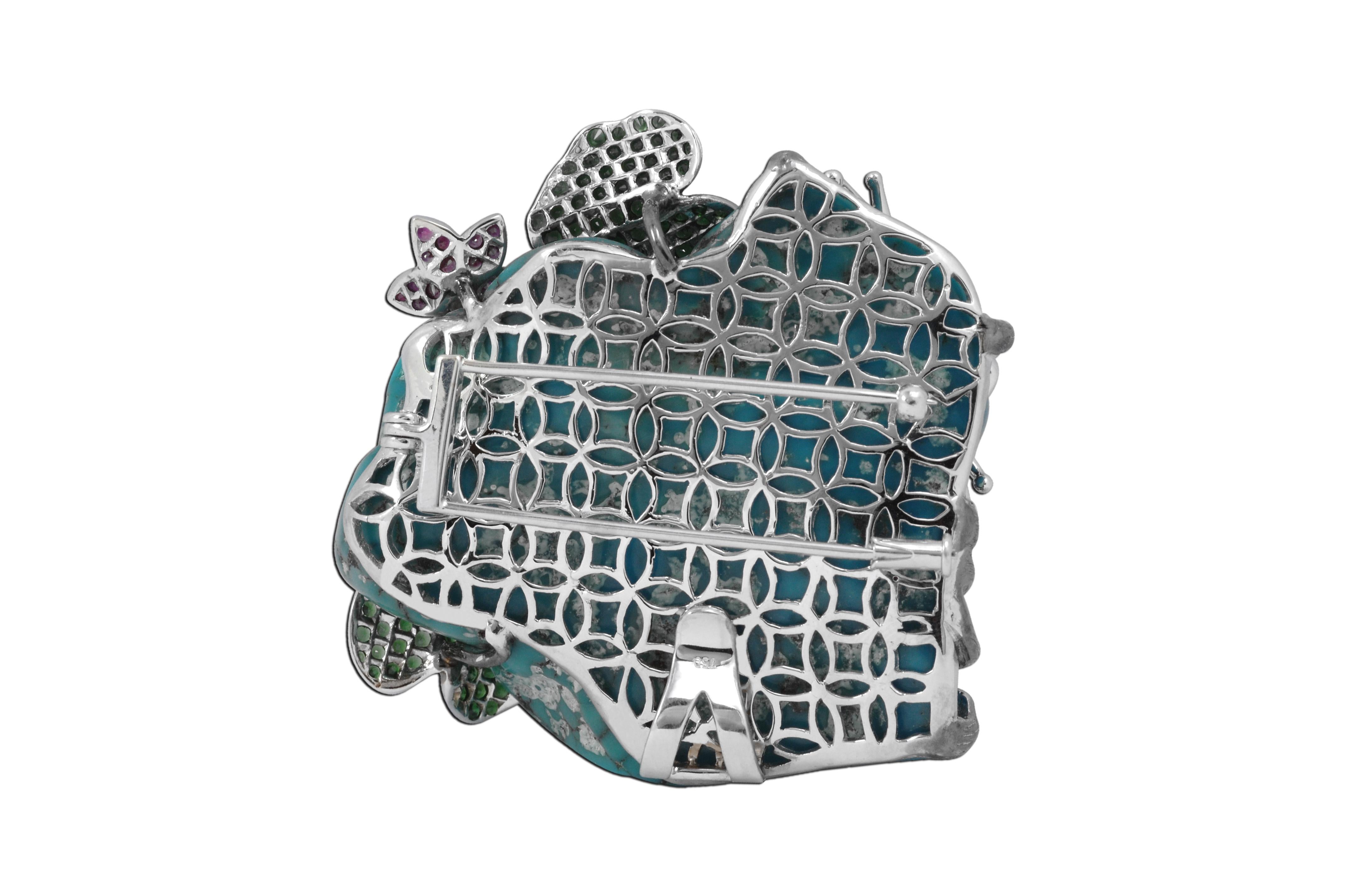 Uncut Turquoise, Tsavorite, Ruby, Brown Diamond and Diamond Frog Brooch Set in 18K For Sale