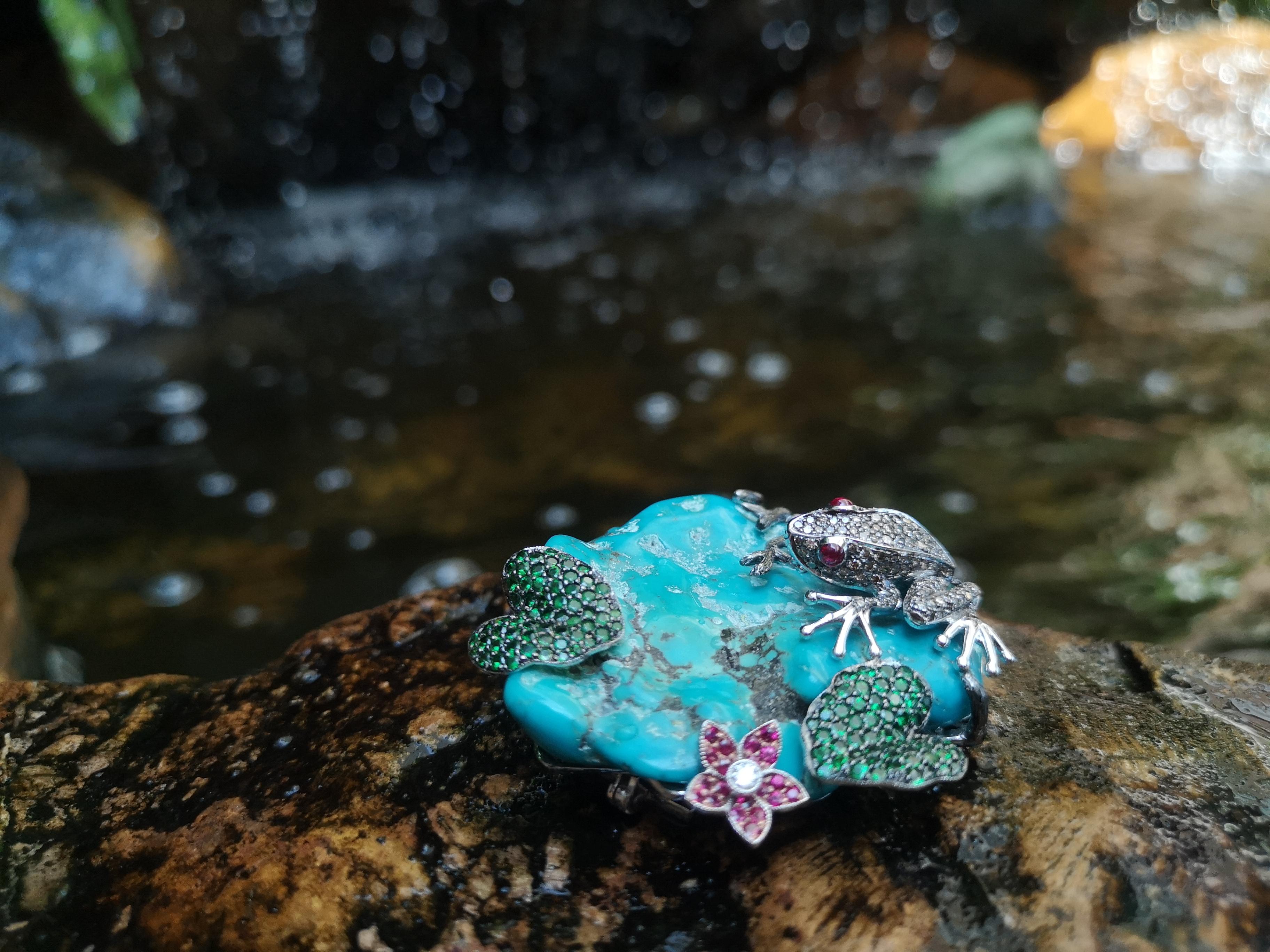 Women's or Men's Turquoise, Tsavorite, Ruby, Brown Diamond and Diamond Frog Brooch Set in 18K For Sale