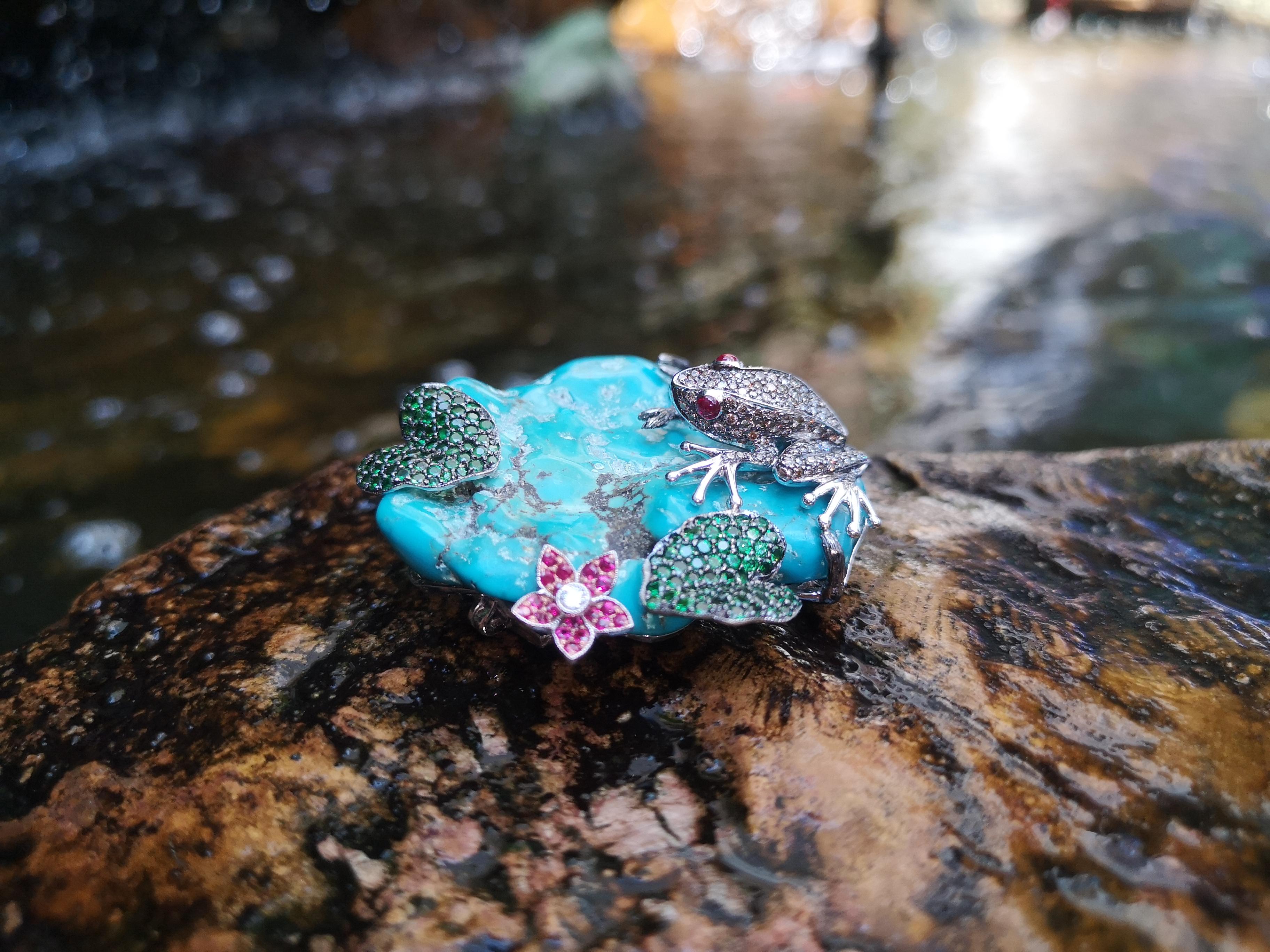 Turquoise, Tsavorite, Ruby, Brown Diamond and Diamond Frog Brooch Set in 18K For Sale 2