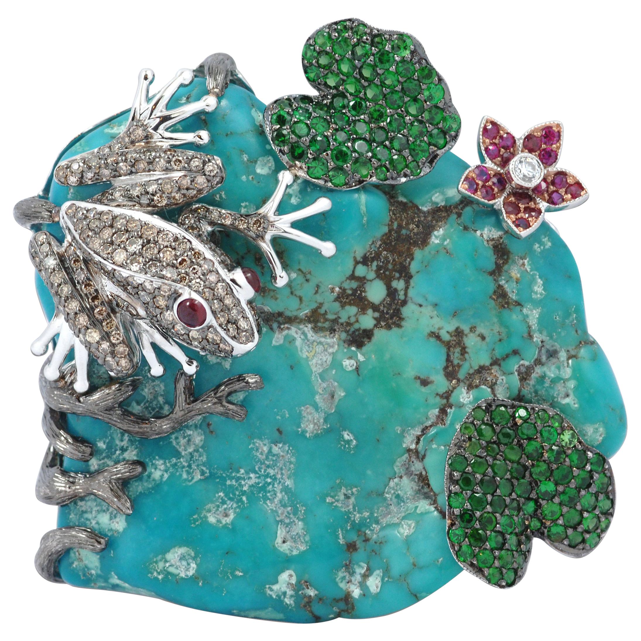 Broche grenouille en or 18 carats sertie de turquoises, tsavorites, rubis, diamants bruns et diamants