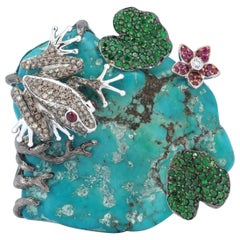 Turquoise, Tsavorite, Ruby, Brown Diamond and Diamond Frog Brooch Set in 18K