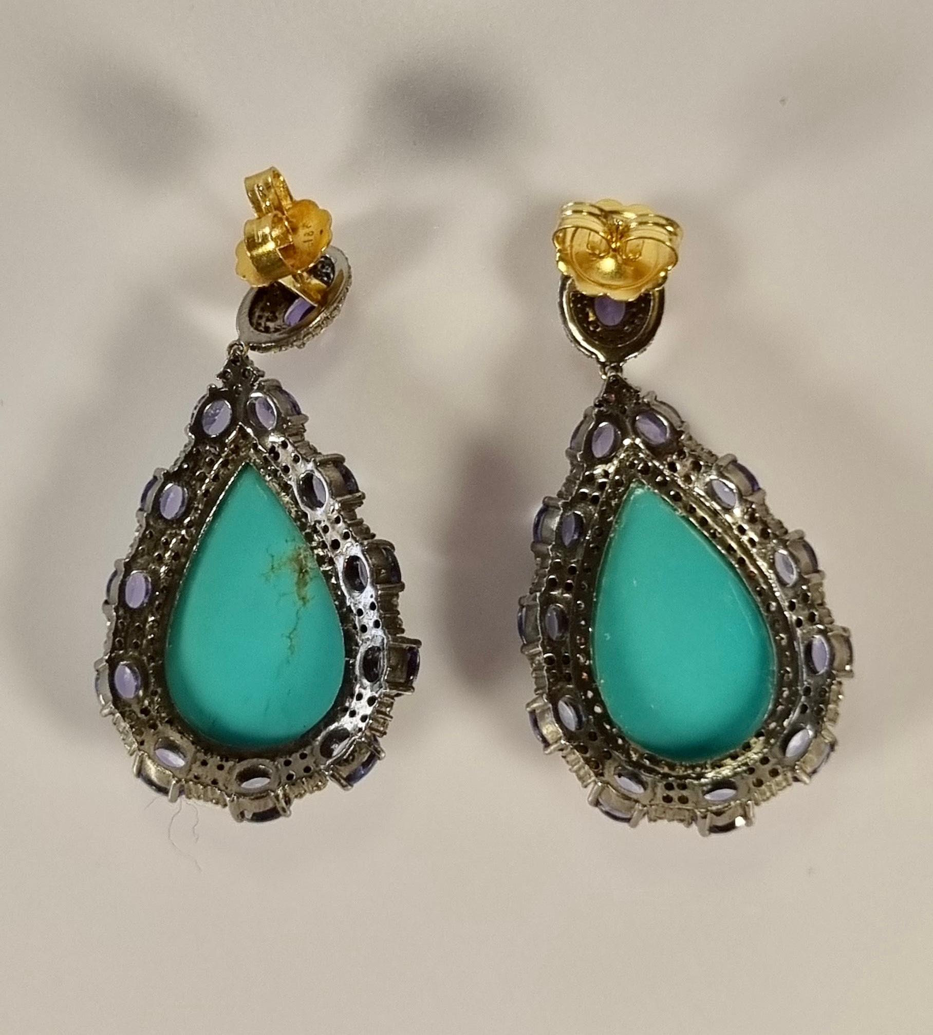 Turquoise, tsavorites, diamants et boucles d'oreilles chandelier en or et en argent Neuf - En vente à Bilbao, ES