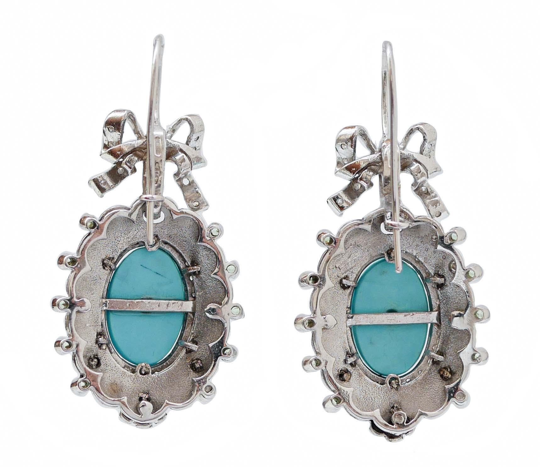 Retro Turquoise, Tsavorites, Diamonds, Enamel, 14 Karat White Gold Dangle Earrings. For Sale