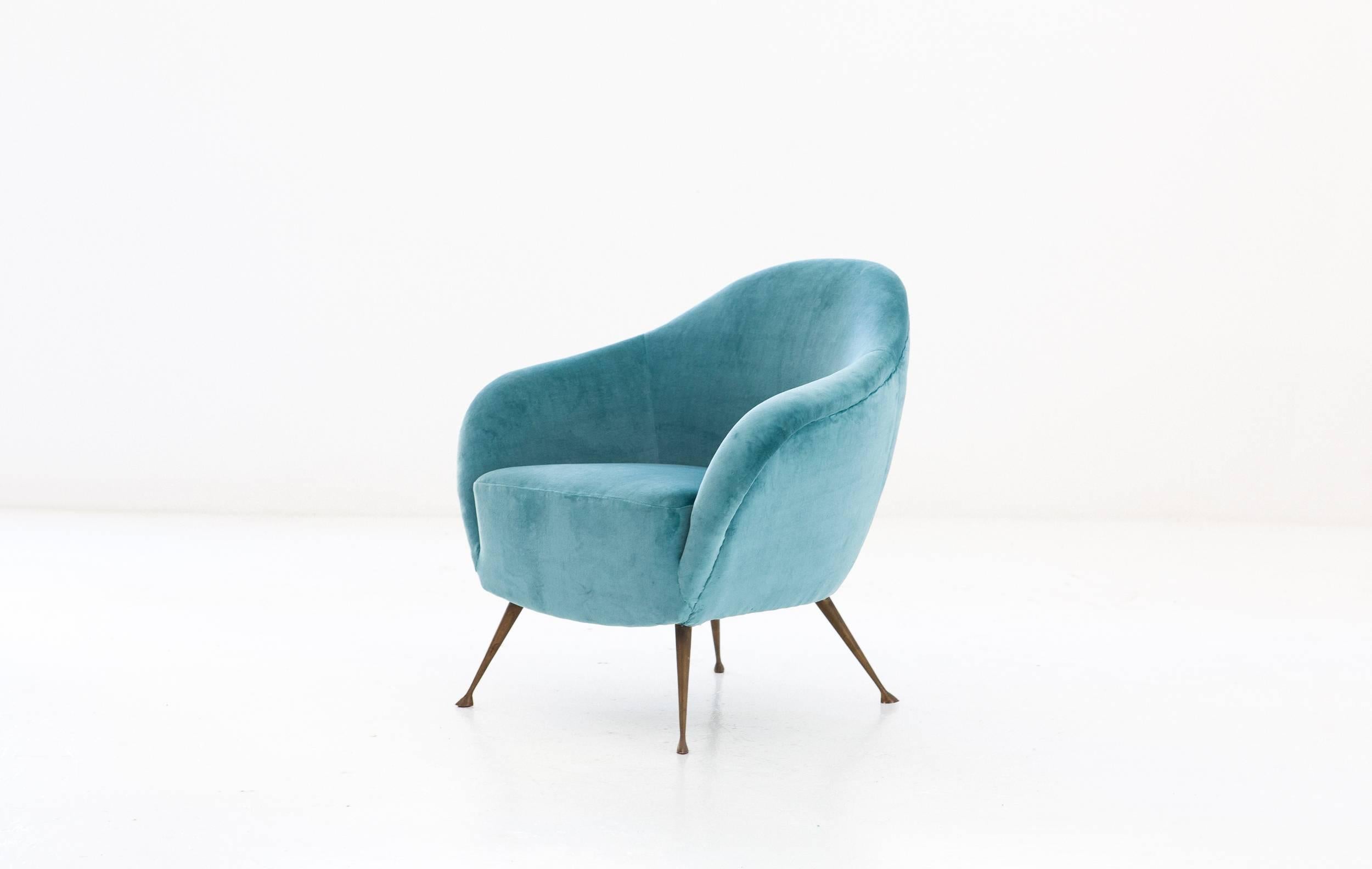 Mid-Century Modern Turquoise Velvet and Brass Legs Lounge Chair, Italy, 1950s