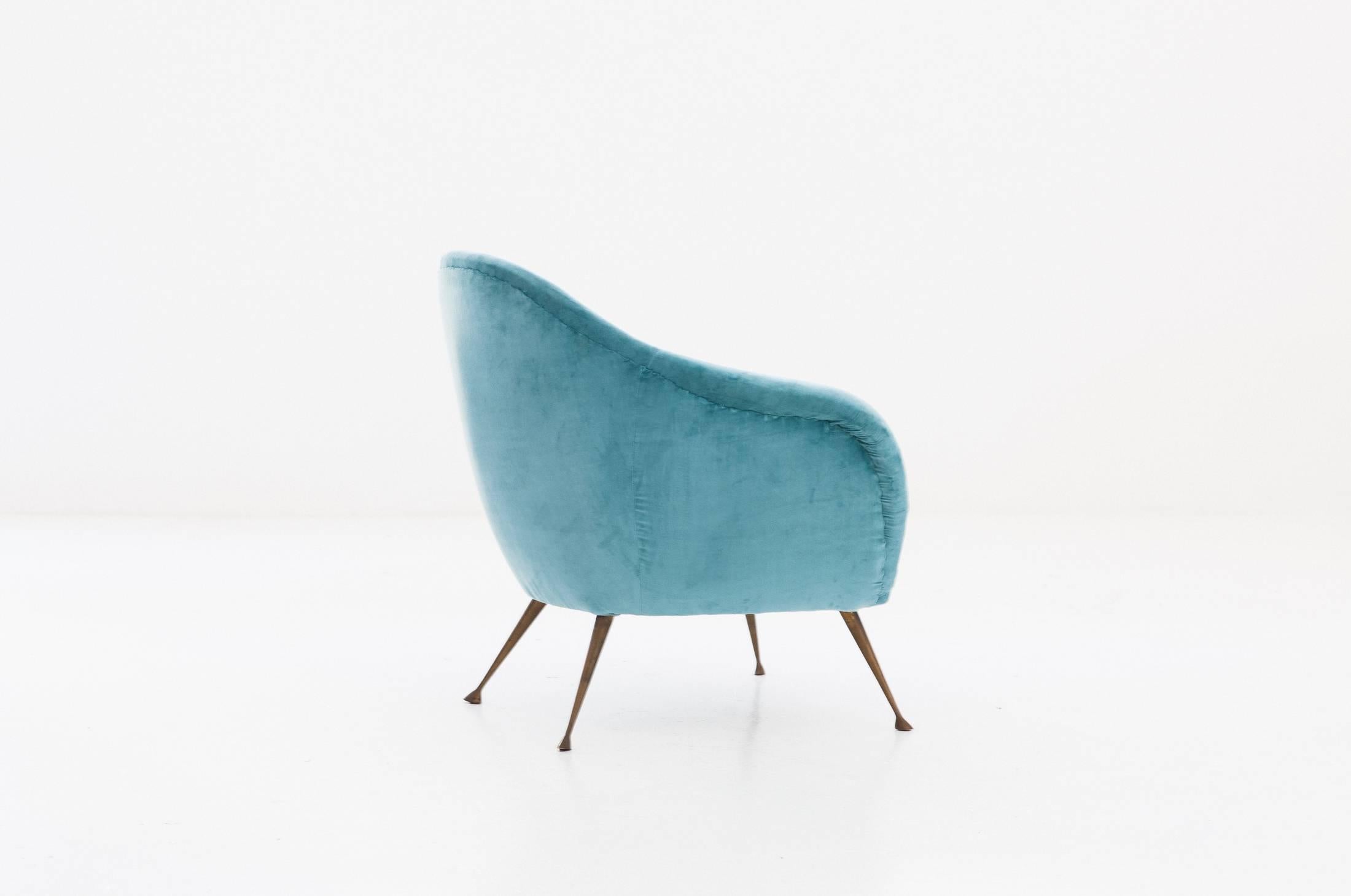 Italian Turquoise Velvet and Brass Legs Lounge Chair, Italy, 1950s
