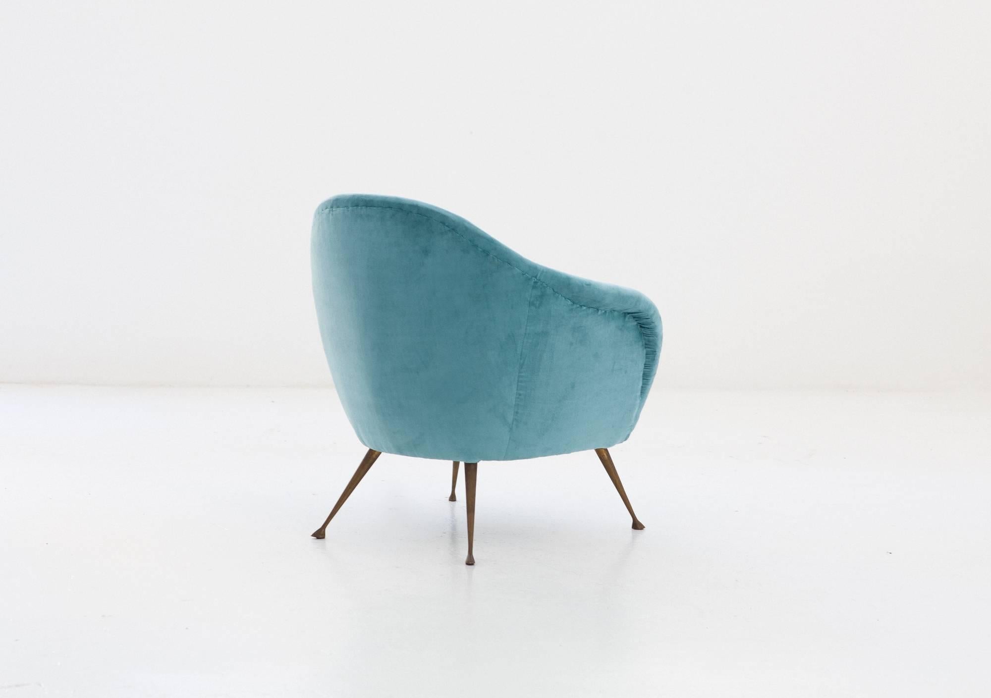 Turquoise Velvet and Brass Legs Lounge Chair, Italy, 1950s In Excellent Condition In Rome, IT