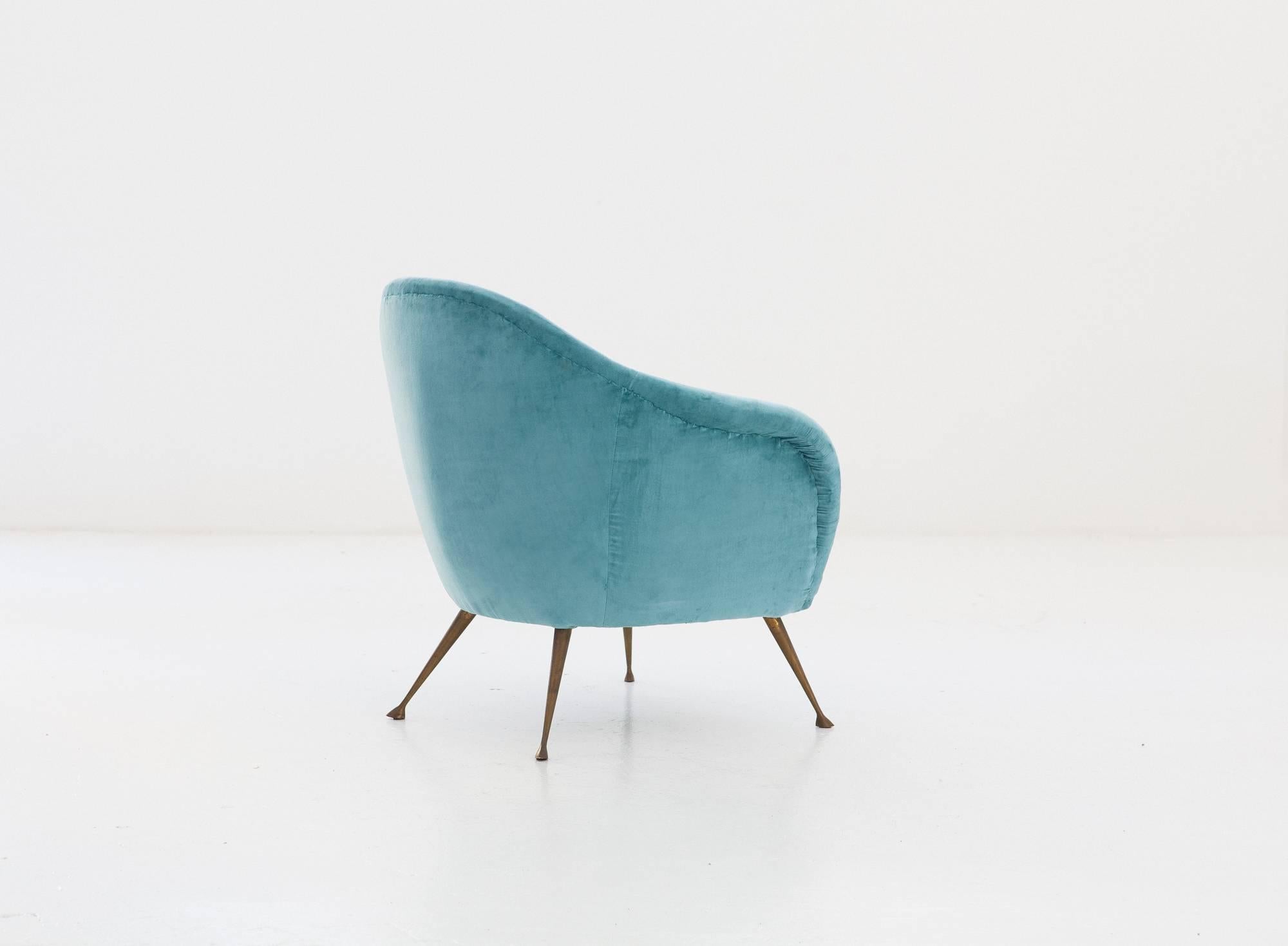Mid-20th Century Turquoise Velvet and Brass Legs Lounge Chair, Italy, 1950s