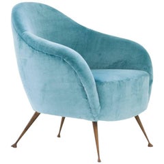 Turquoise Velvet and Brass Legs Lounge Chair, Italy, 1950s