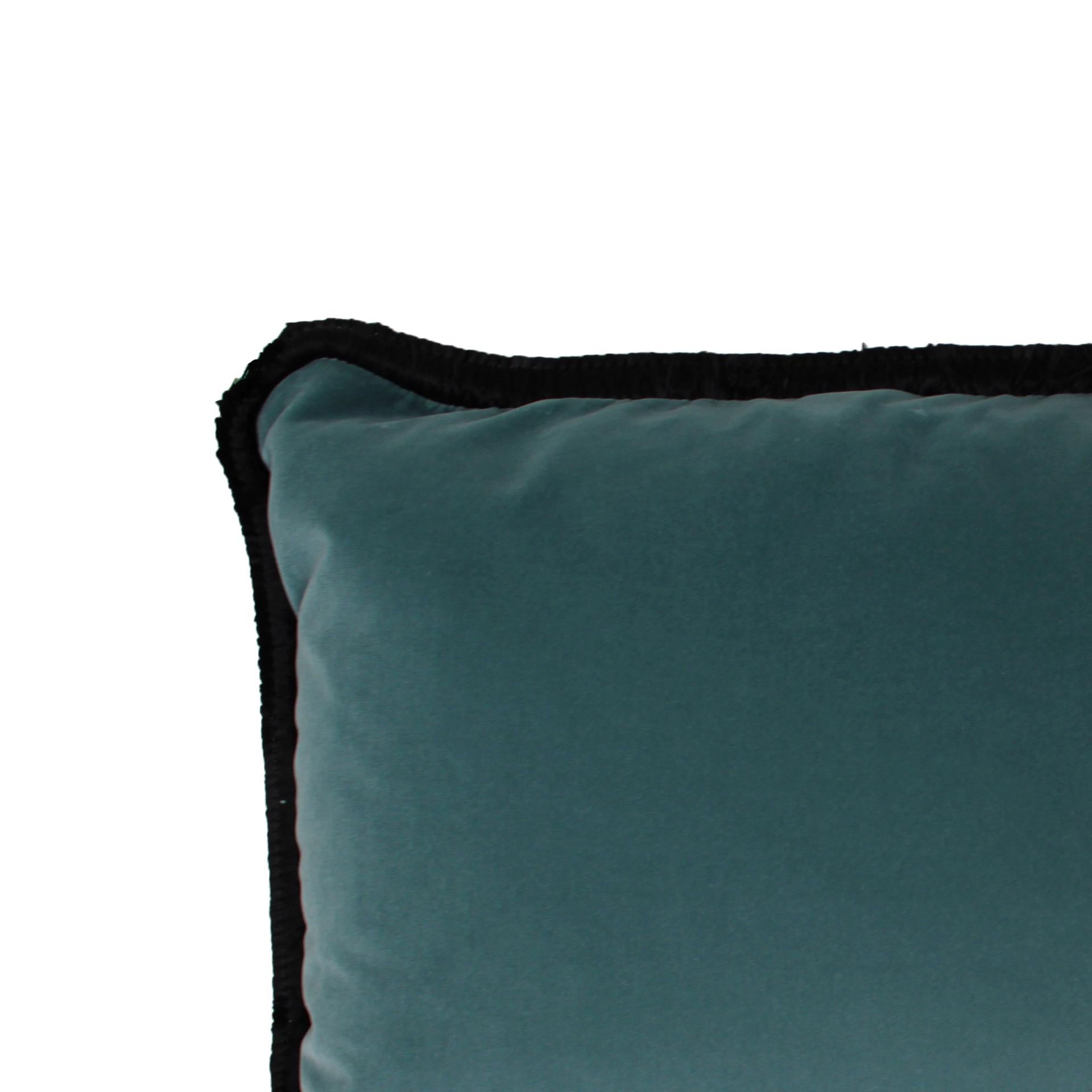 European Turquoise Velvet Cushion in Cotton with Double Tinsel Trim and Linen Back For Sale