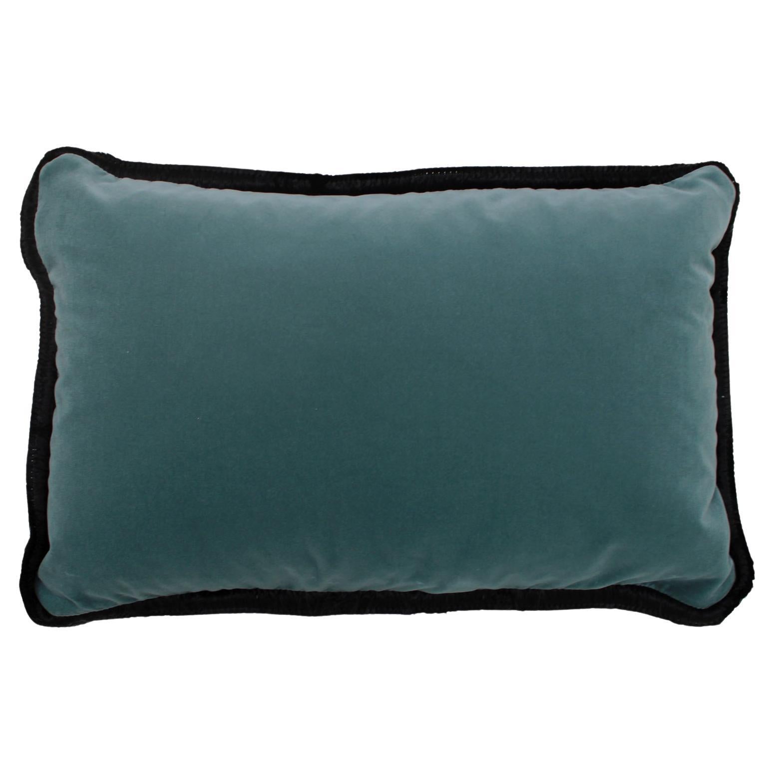 Turquoise Velvet Cushion in Cotton with Double Tinsel Trim and Linen Back For Sale