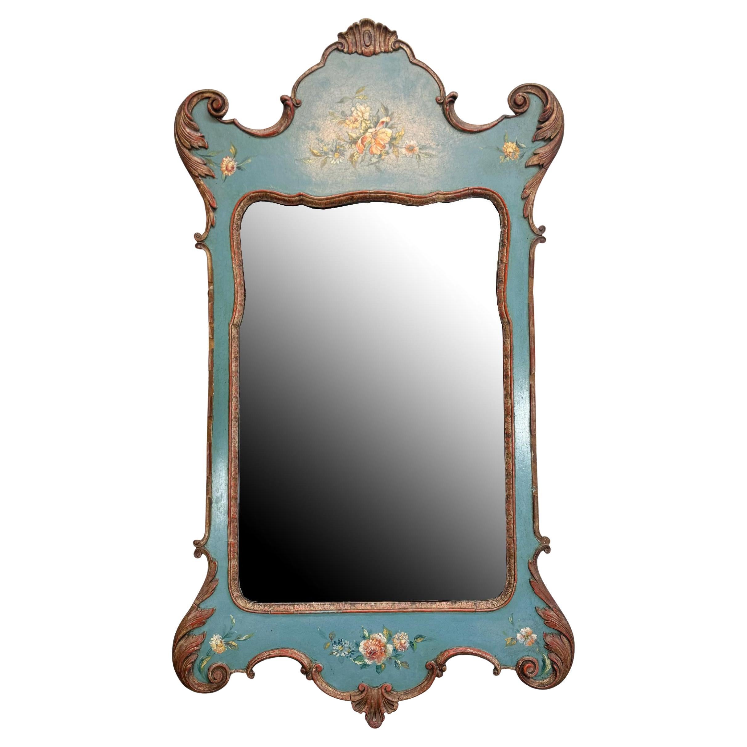 Turquoise Venetian Hand Carved Mirror, Circa 1920, with Floral Motifs For Sale