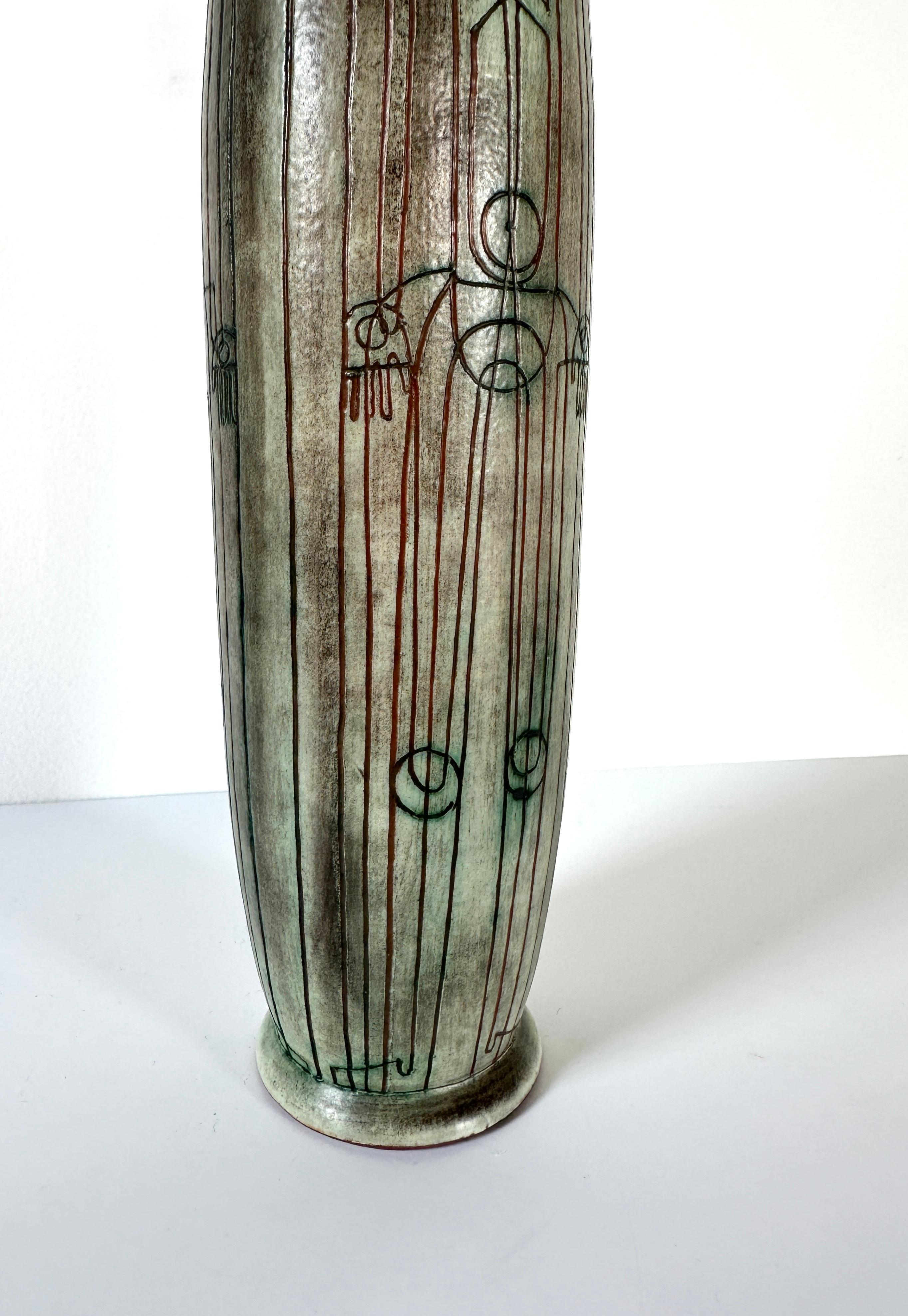 Turquoise Verdigris Glazed Sgraffito Pottery Vase by Theo and Susan Harlander In Good Condition In Greensboro, NC