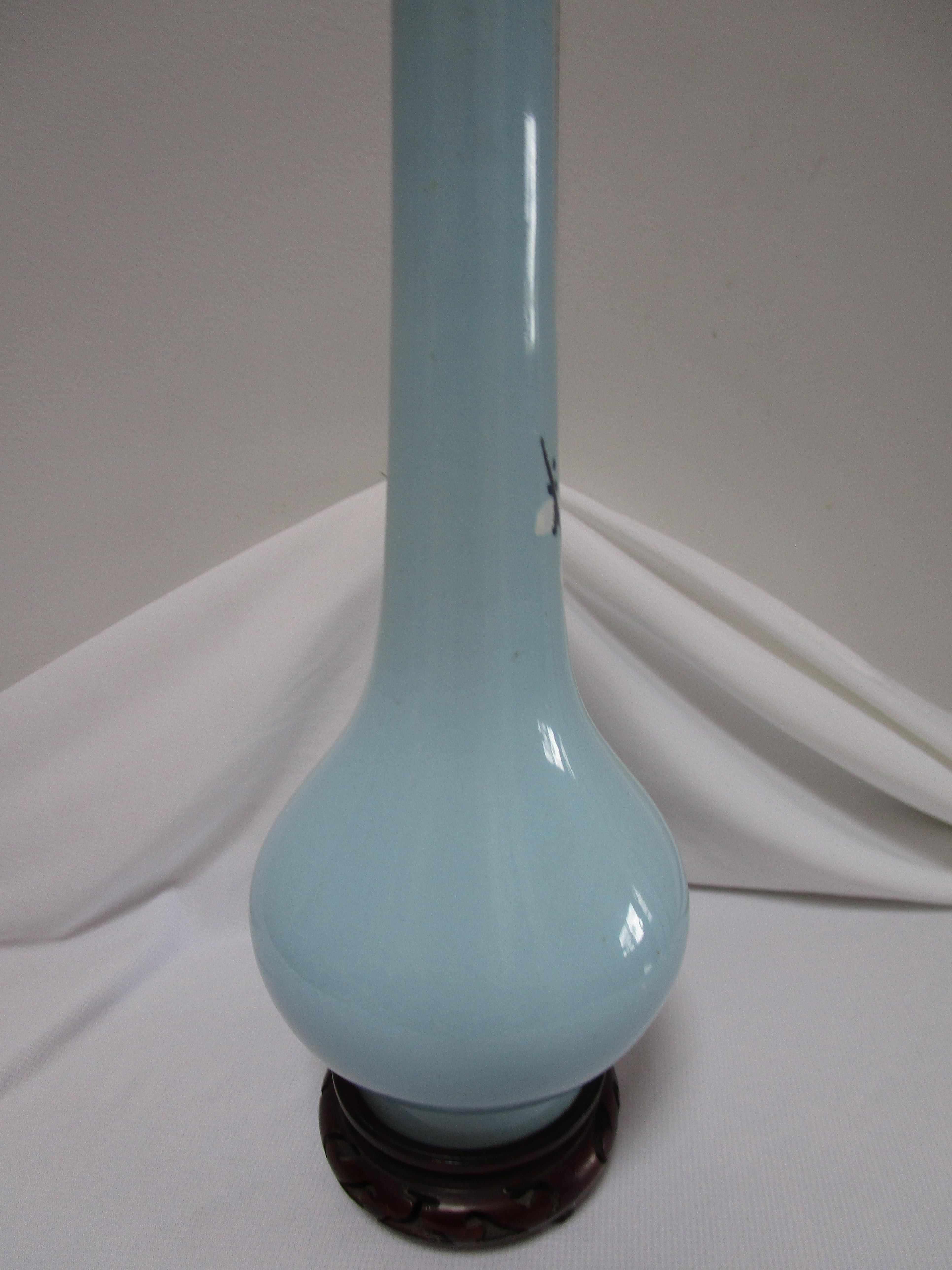 Hand-Painted Turquoise Vintage Japanese Ceramic Bulbous Vase on Rosewood Stand For Sale