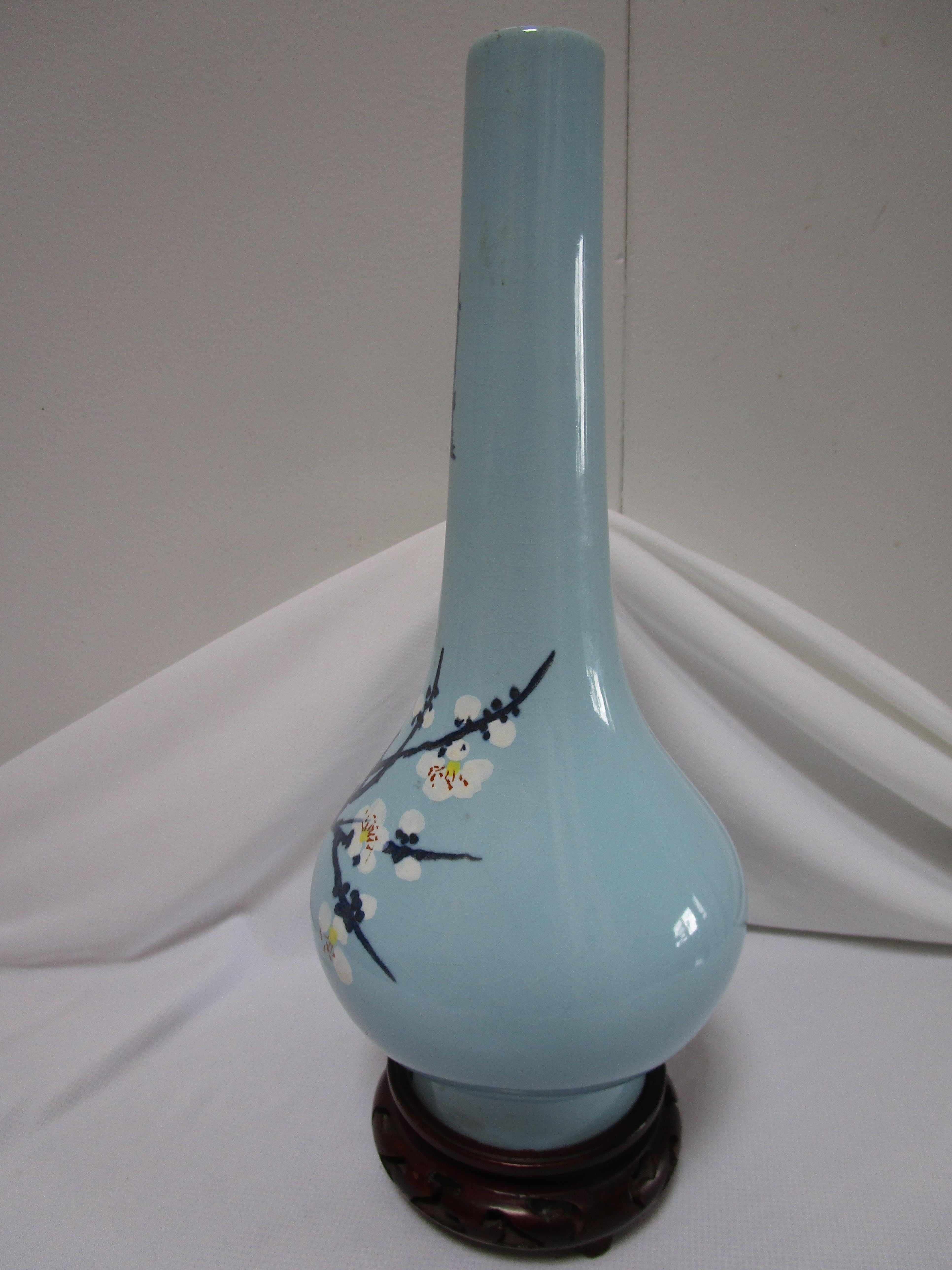 Turquoise Vintage Japanese Ceramic Bulbous Vase on Rosewood Stand In Good Condition For Sale In Lomita, CA