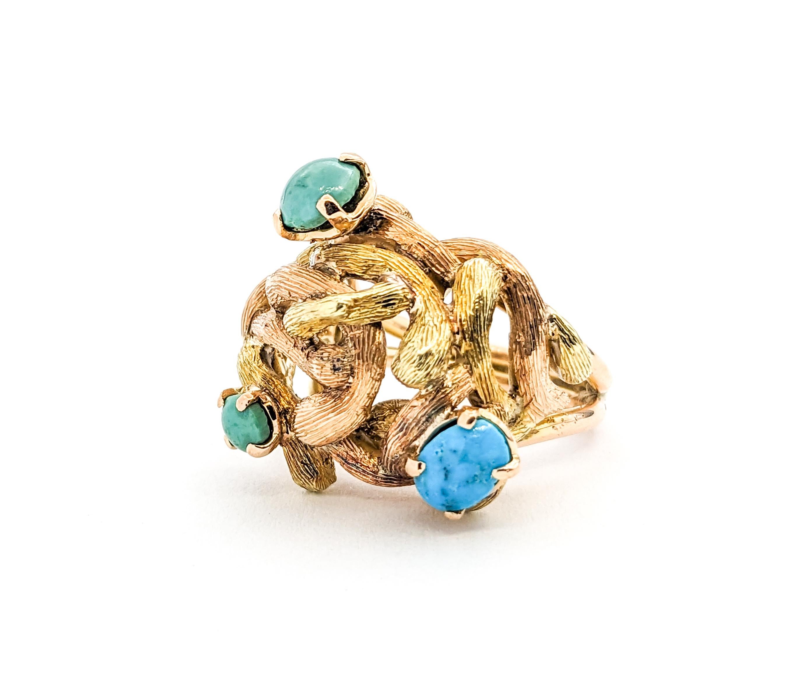 Modernist Turquoise Vintage Ring In Yellow Gold For Sale