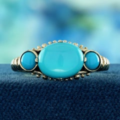 Turquoise Vintage Style Three Stone Ring in Solid 9K Yellow Gold