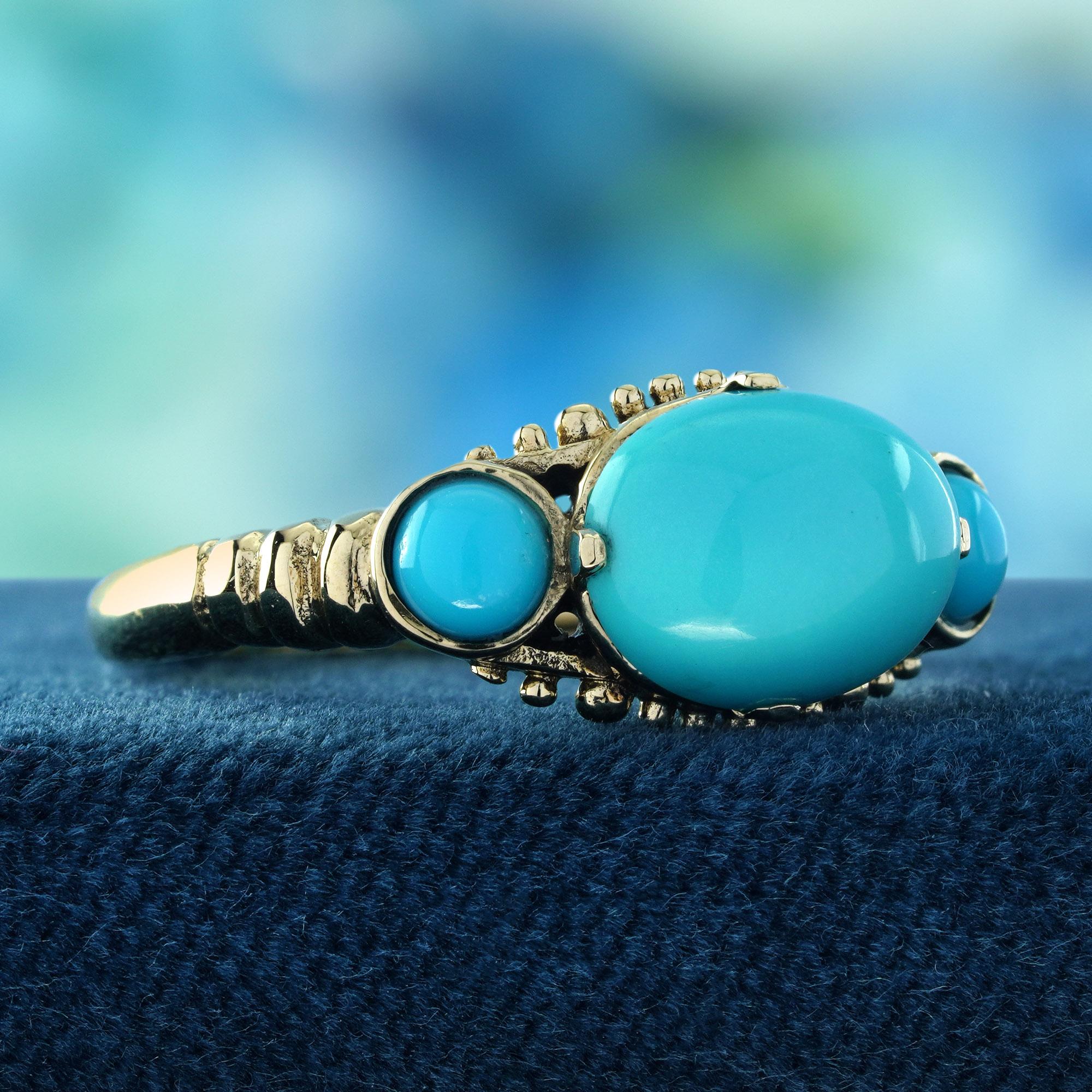 Edwardian Turquoise Vintage Style Three Stone Ring in Solid 9K Yellow Gold For Sale