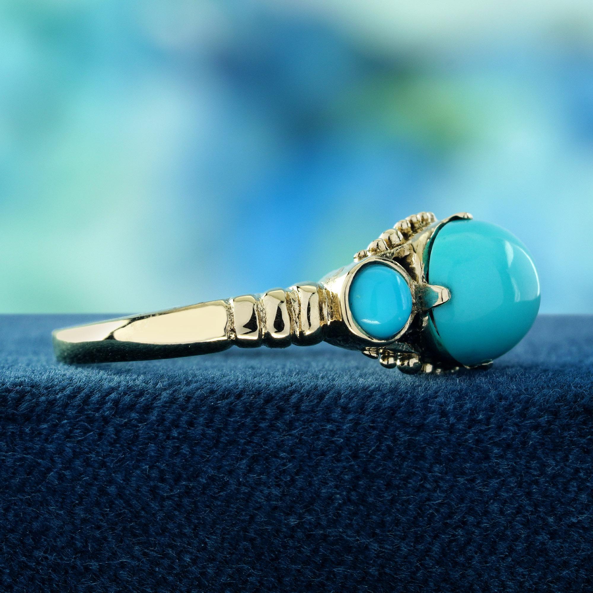 Oval Cut Turquoise Vintage Style Three Stone Ring in Solid 9K Yellow Gold For Sale