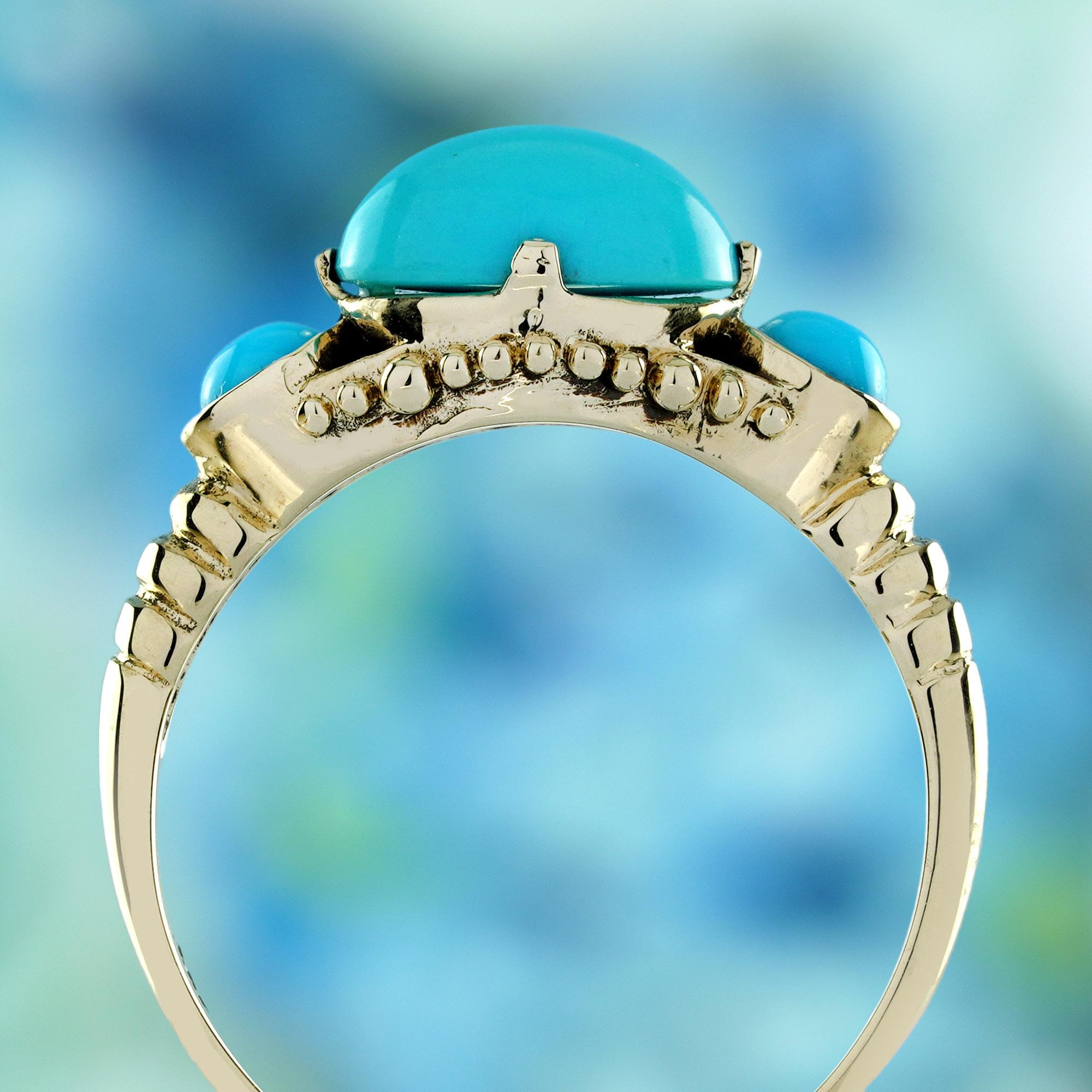 Turquoise Vintage Style Three Stone Ring in Solid 9K Yellow Gold In New Condition For Sale In Bangkok, TH