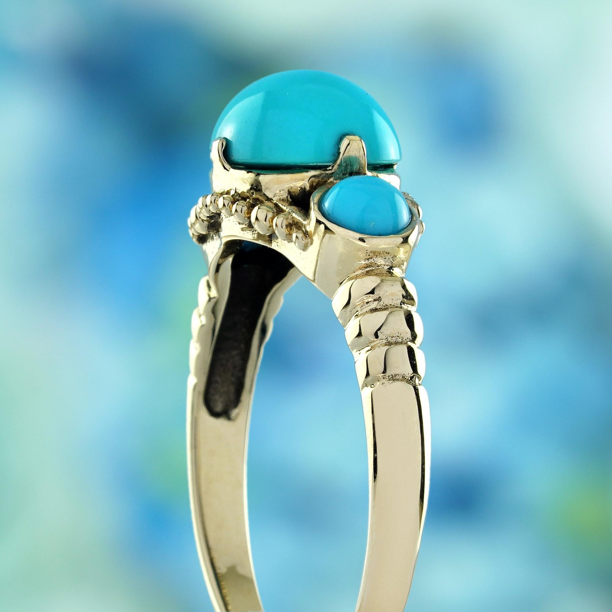 Women's Turquoise Vintage Style Three Stone Ring in Solid 9K Yellow Gold For Sale