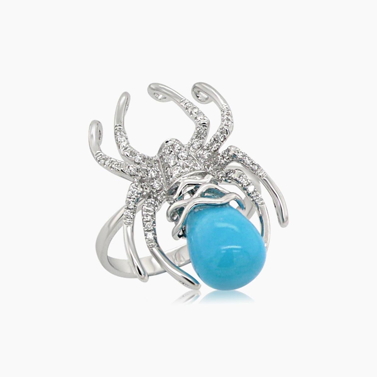 Mixed Cut Turquoise White Diamond 18K White Gold Spider Insect Animal Ring For Sale