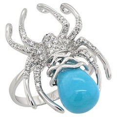 Turquoise White Diamond 18K White Gold Spider Insect Animal Ring