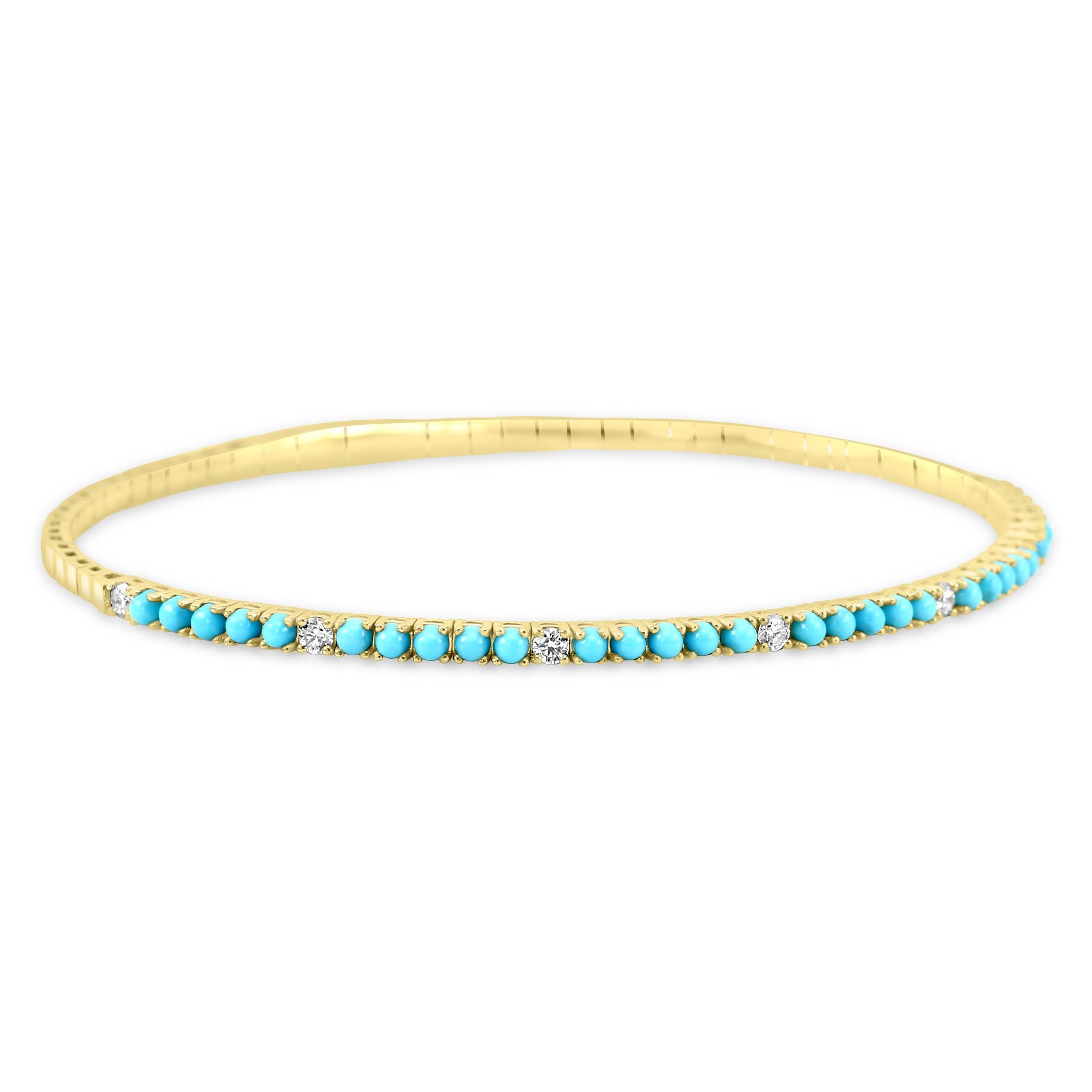 Round Cut Turquoise & Diamond  1.5 Carat 14 Karat Gold Fashion Tennis Bangle Bracelet For Sale