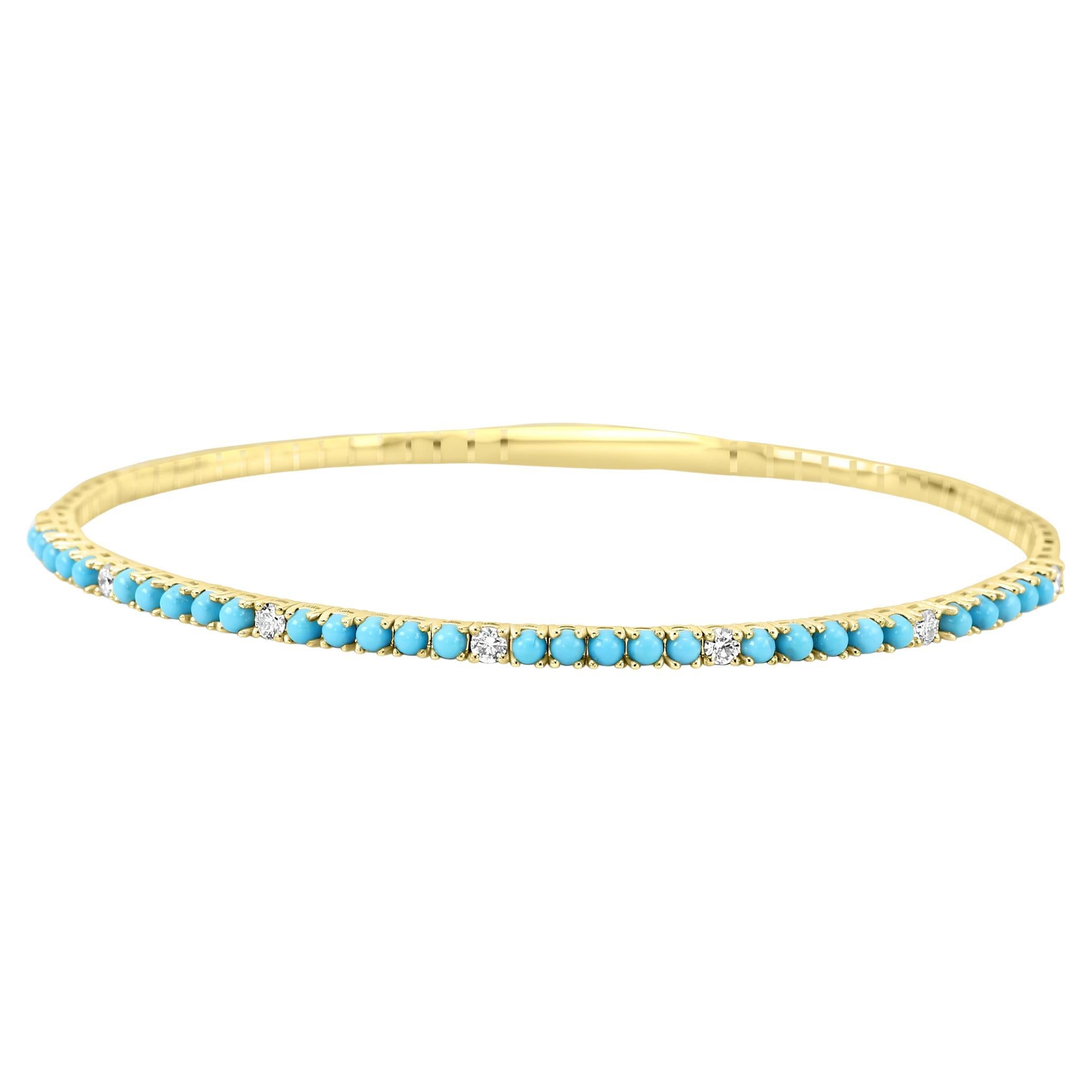 Turquoise & Diamond  1.5 Carat 14 Karat Gold Fashion Tennis Bangle Bracelet For Sale