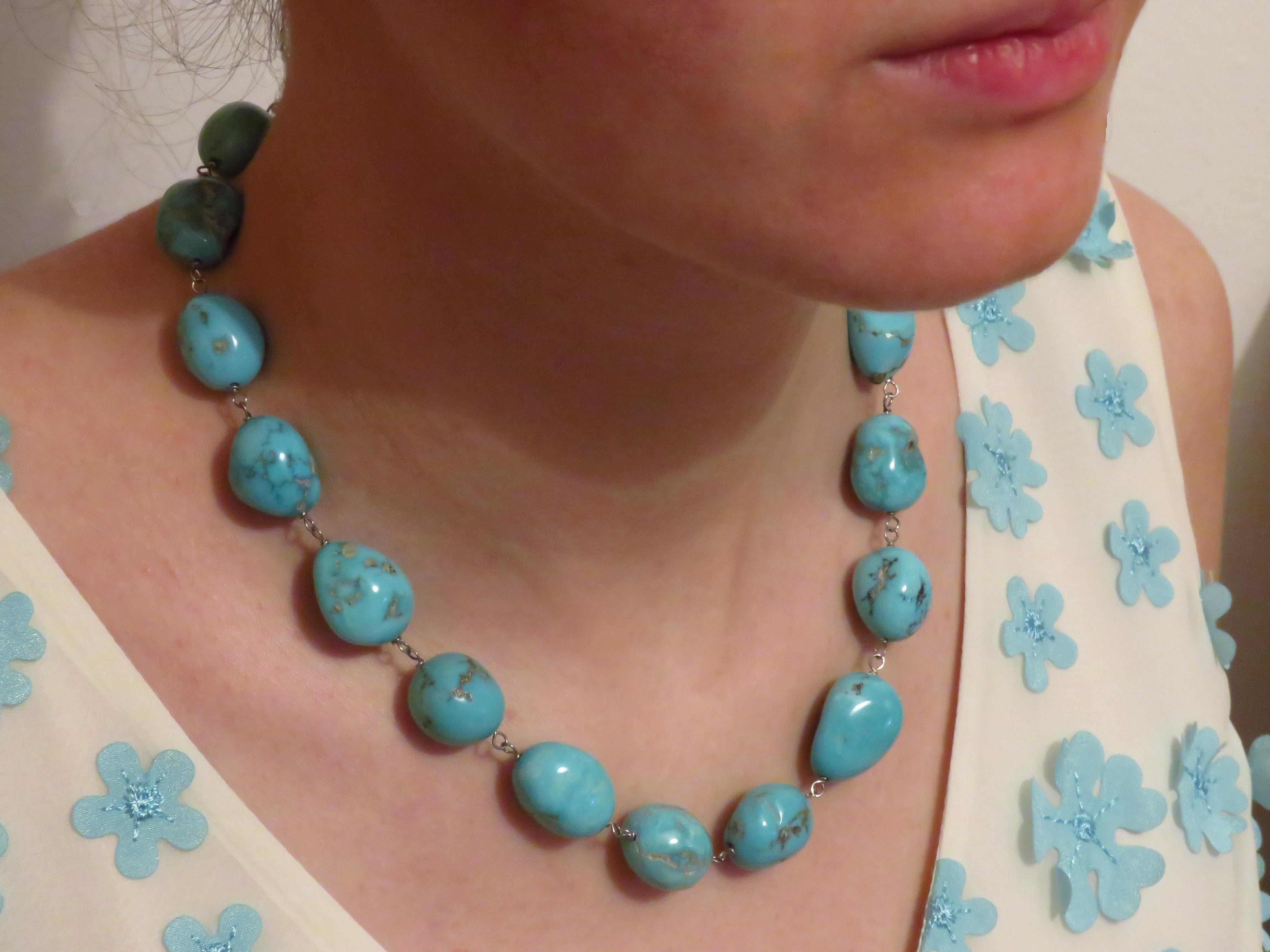 Turquoise White Gold Necklace Handcrafted in Italy by Botta Gioielli In New Condition In Milano, IT