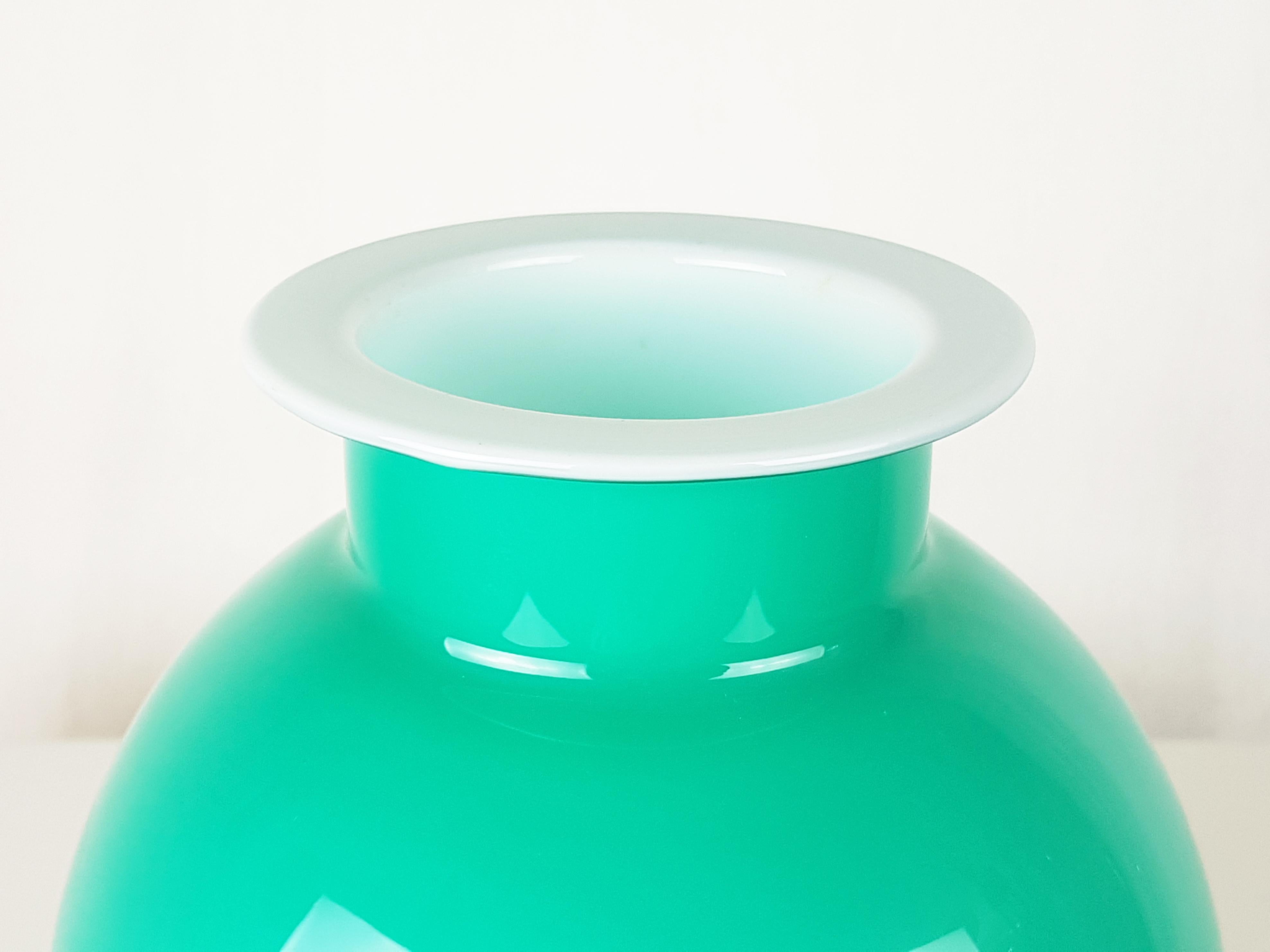 Hand made glass vase in turquoise and white glass by Cristallerie Galbiati, Milano. Very good condition: few light defects as showed in the pictures.