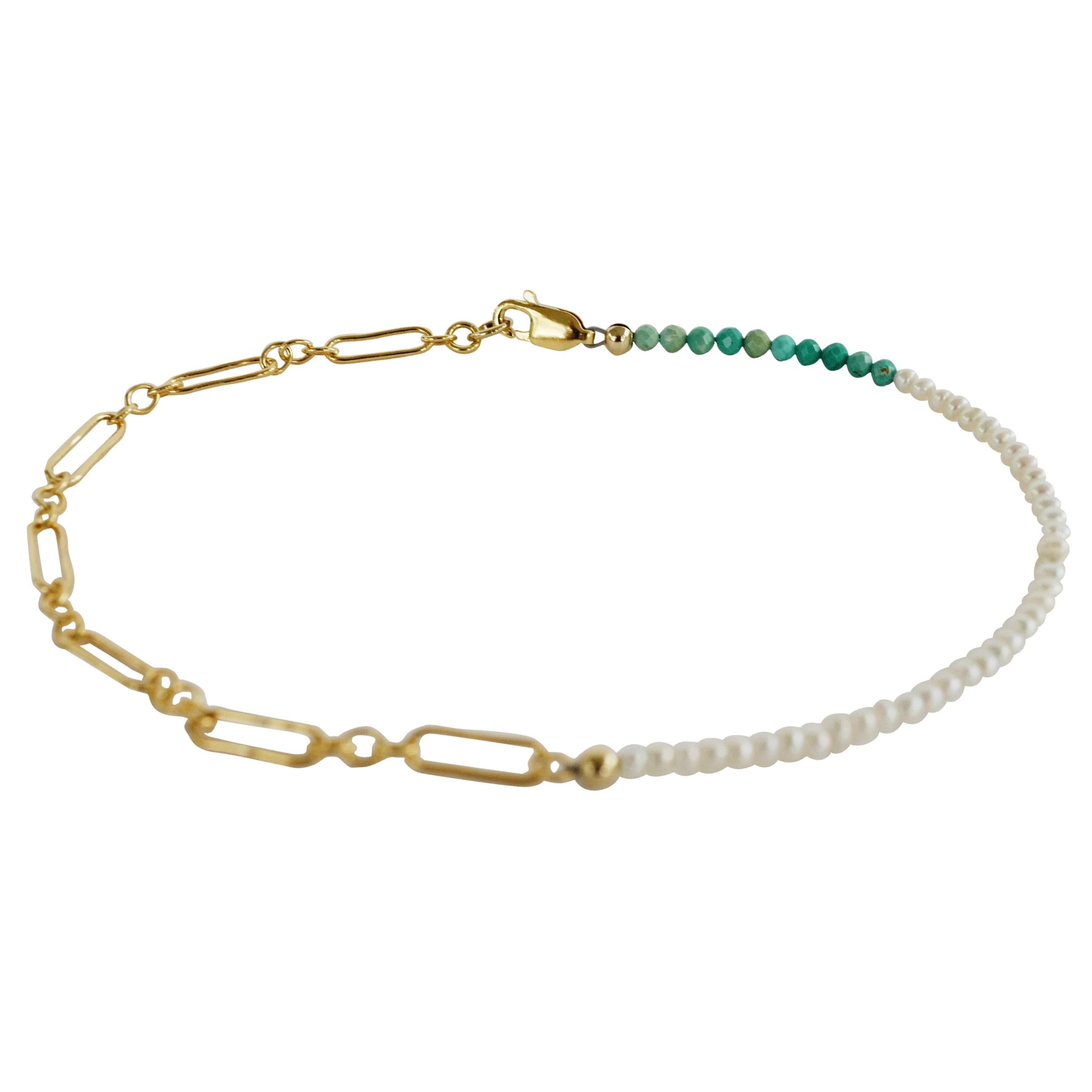 Turquoise White Pearl Ankle Bracelet Gold Tone Chain Beaded J Dauphin For Sale
