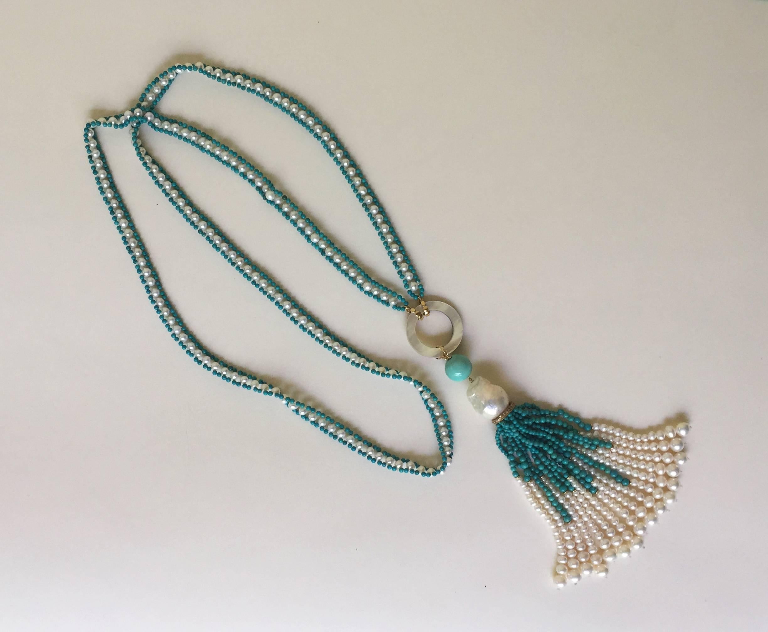 Turquoise White Pearl Tassel Sautoir with Mother of Pearl and 14 Karat Gold 5