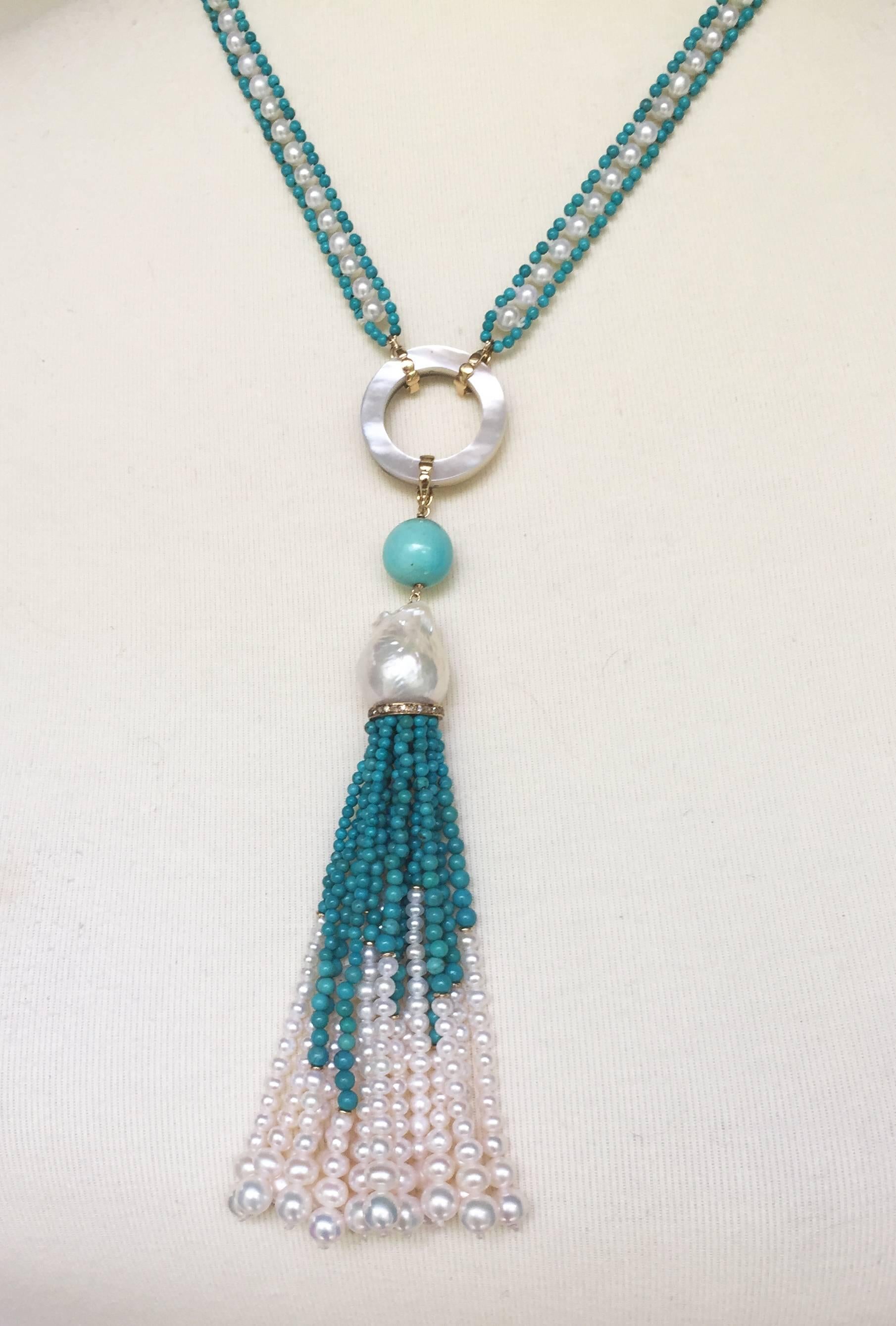 Turquoise White Pearl Tassel Sautoir with Mother of Pearl and 14 Karat Gold 2