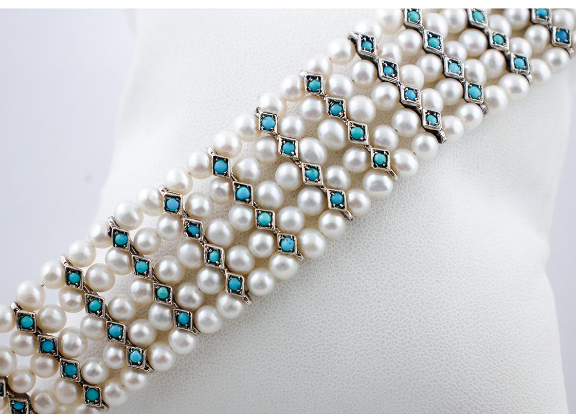 Retro Turquoise, White Pearls, 9 Karat Rose Gold and Silver Beaded Choker Necklace For Sale