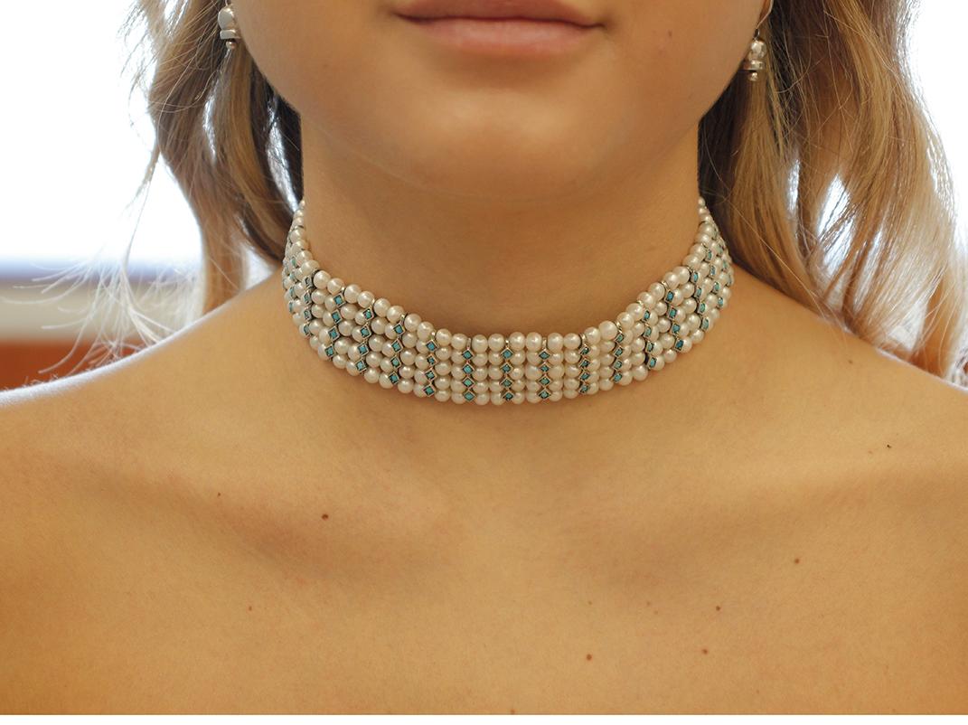 Turquoise, White Pearls, 9 Karat Rose Gold and Silver Beaded Choker Necklace In Good Condition For Sale In Marcianise, Marcianise (CE)