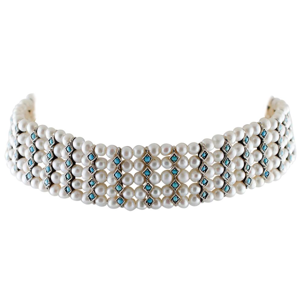 Turquoise, White Pearls, 9 Karat Rose Gold and Silver Beaded Choker Necklace For Sale