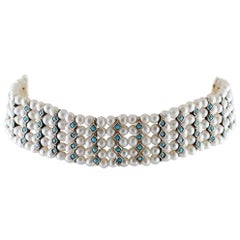 Turquoise, White Pearls, 9 Karat Rose Gold and Silver Beaded Choker Necklace
