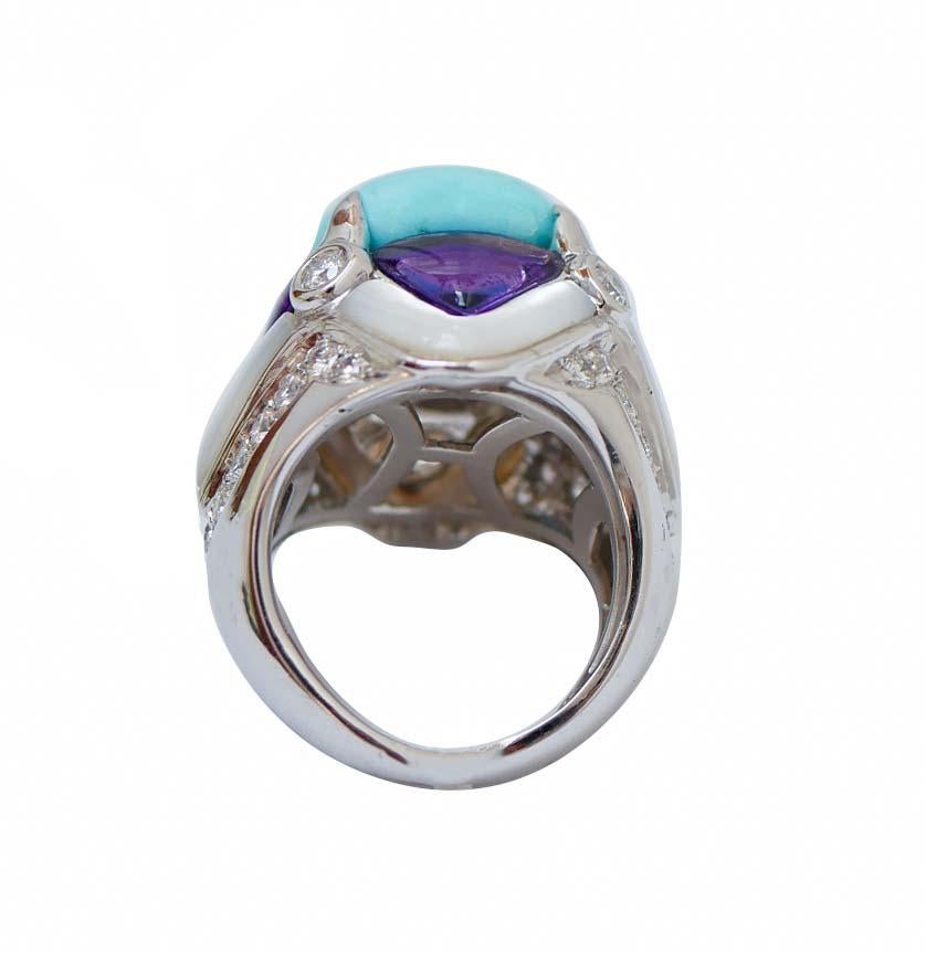 Retro Turquoise, White Stones, Amethysts, Diamonds, 14 Karat White Gold Ring.