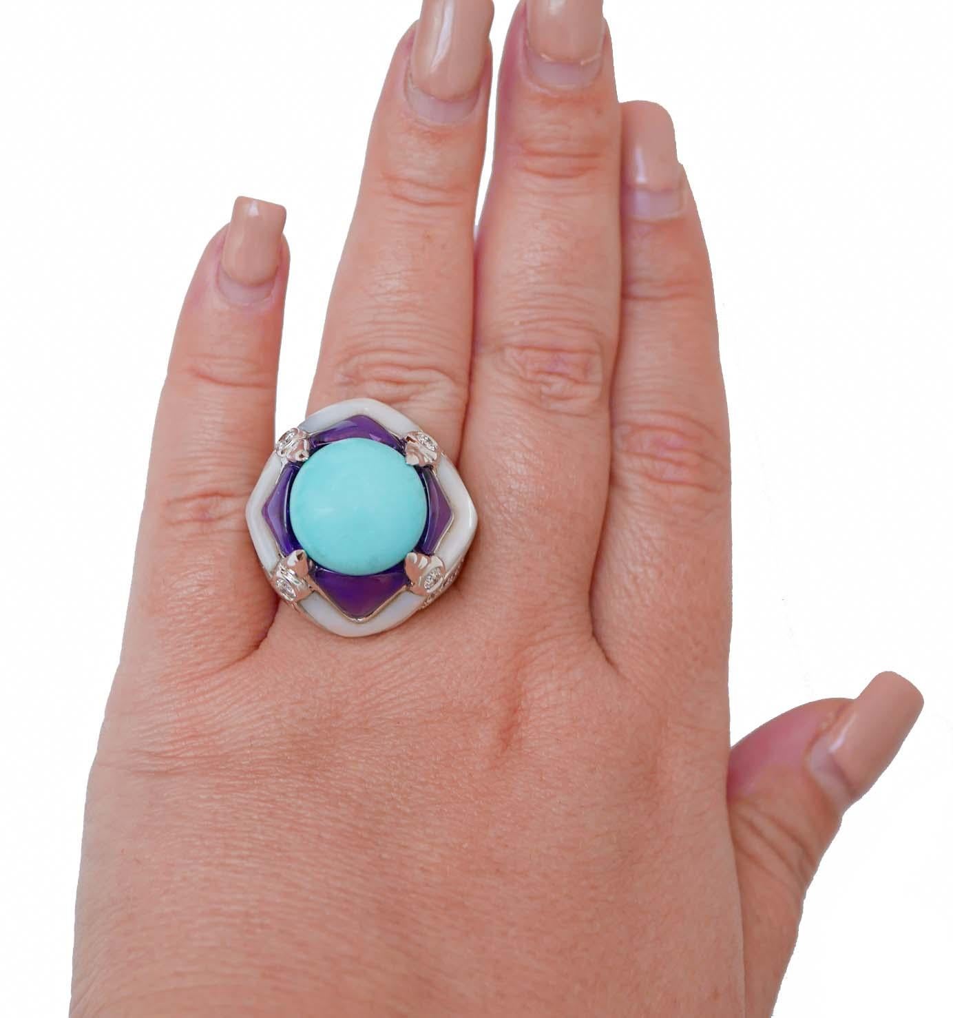 Mixed Cut Turquoise, White Stones, Amethysts, Diamonds, 14 Karat White Gold Ring.