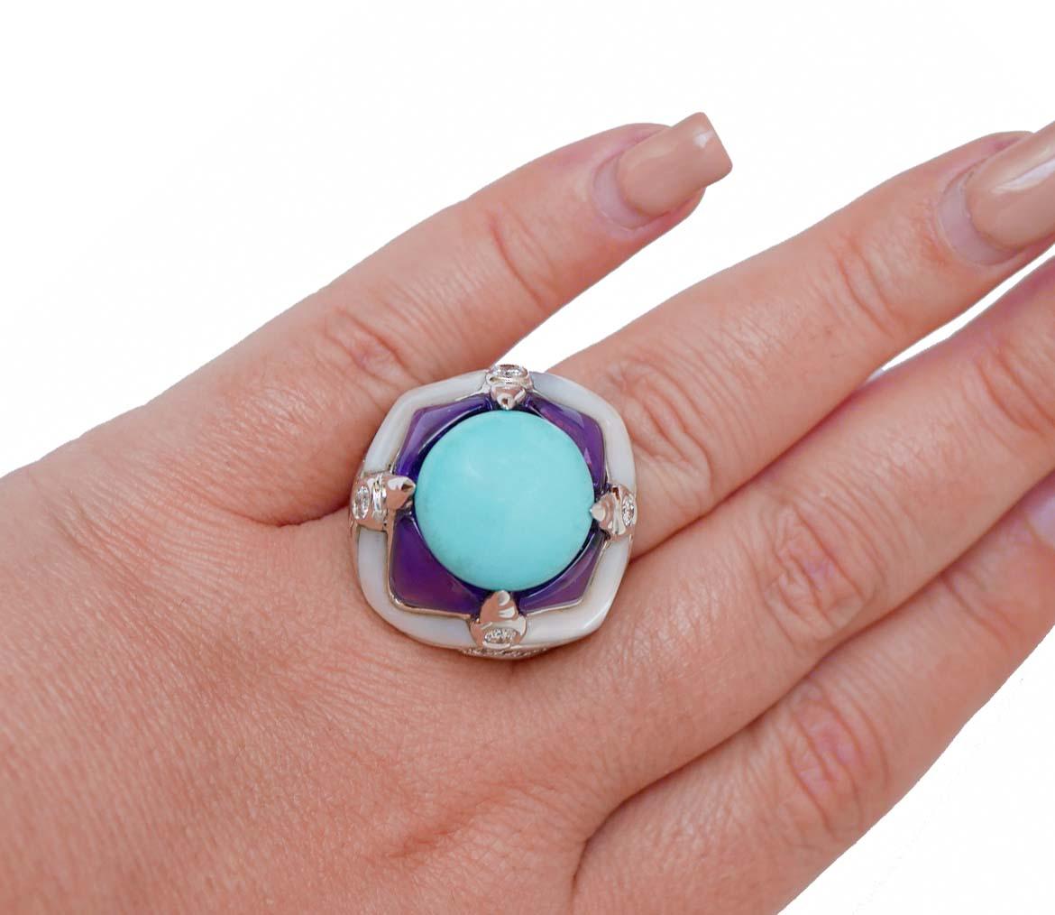 Turquoise, White Stones, Amethysts, Diamonds, 14 Karat White Gold Ring. In Good Condition In Marcianise, Marcianise (CE)