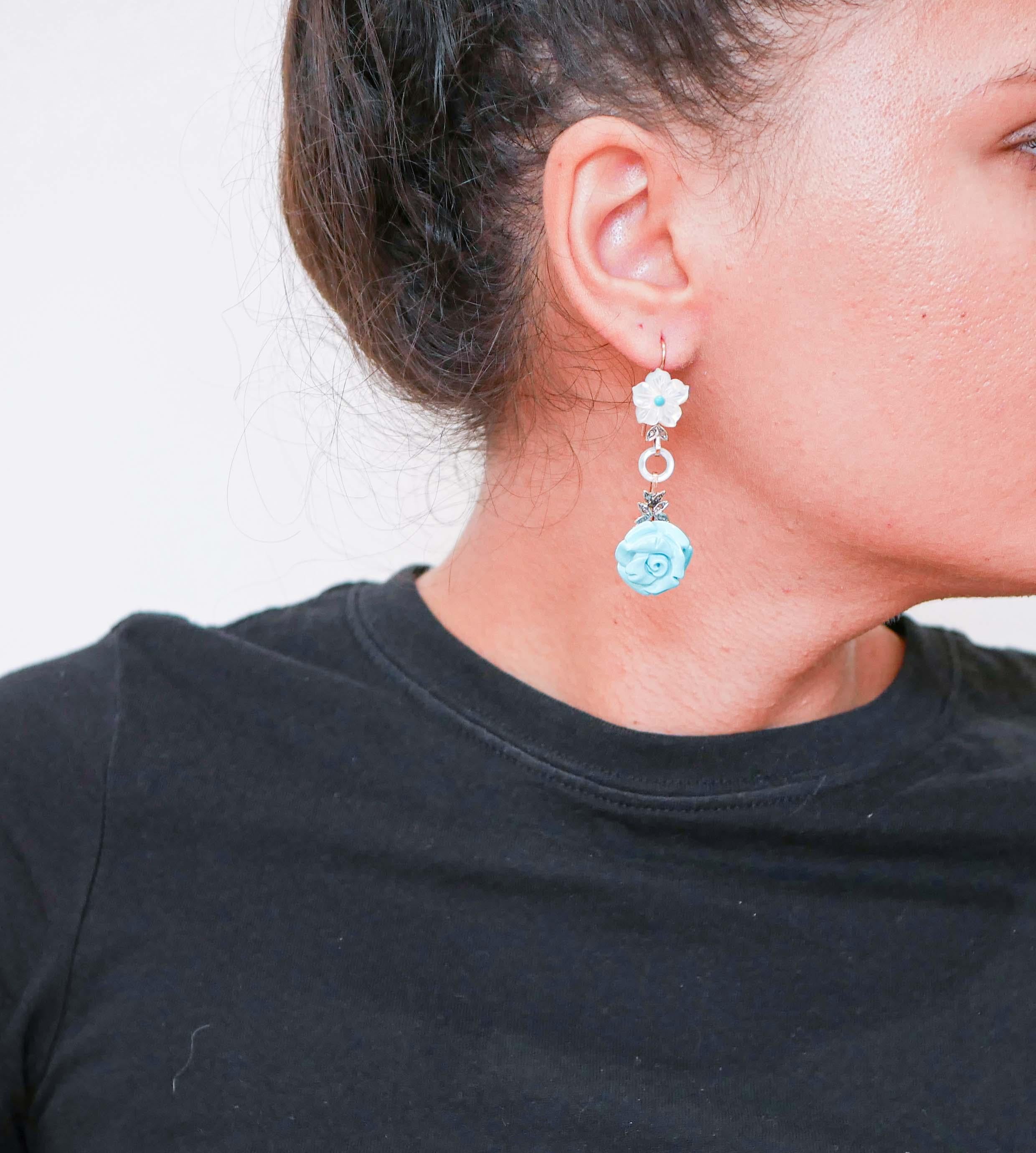 Mixed Cut Turquoise, White Stones, Diamonds, Rose Gold and Silver Earrings. For Sale