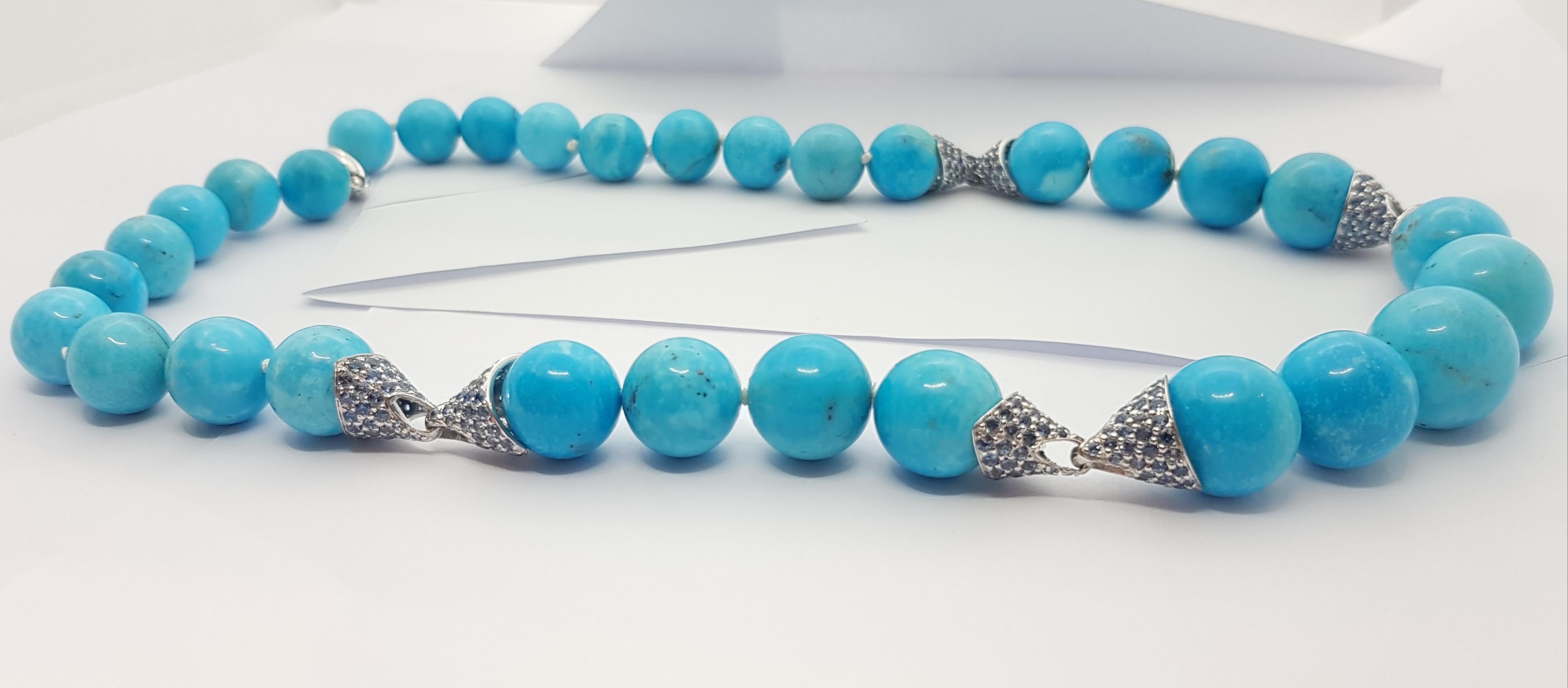 Women's or Men's Turquoise with Blue Sapphire 15.13 carats Necklace set in Silver Settings For Sale