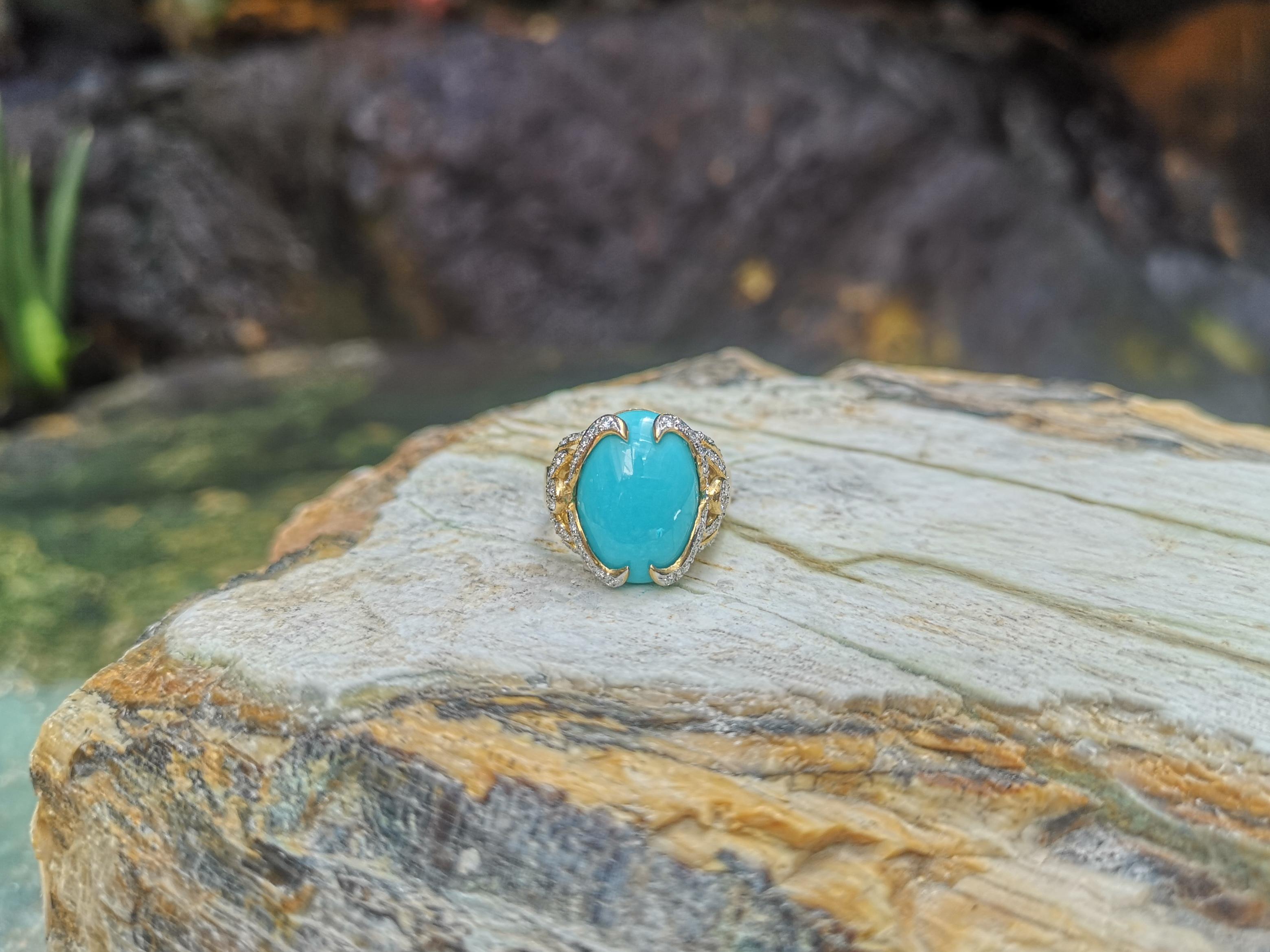 Turquoise with Diamond Ring Set in 18 Karat Gold Settings In New Condition For Sale In Bangkok, TH