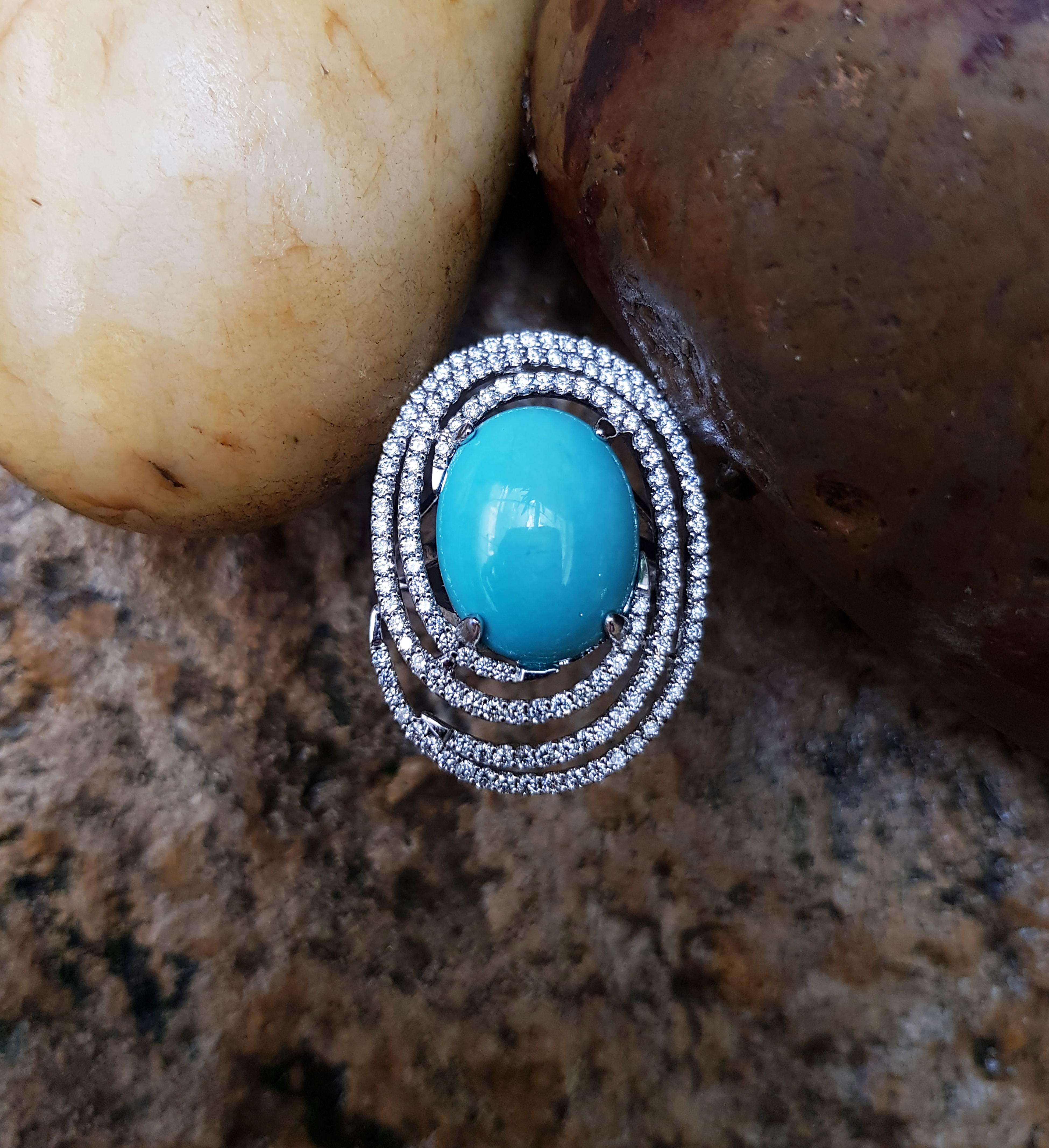 Cabochon Turquoise with Diamond Ring Set in 18 Karat White Gold Settings For Sale