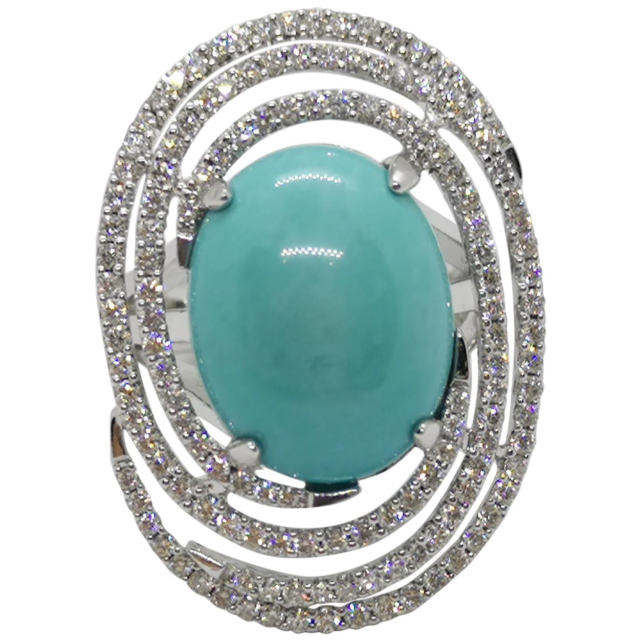 Turquoise with Diamond Ring Set in 18 Karat White Gold Settings For Sale