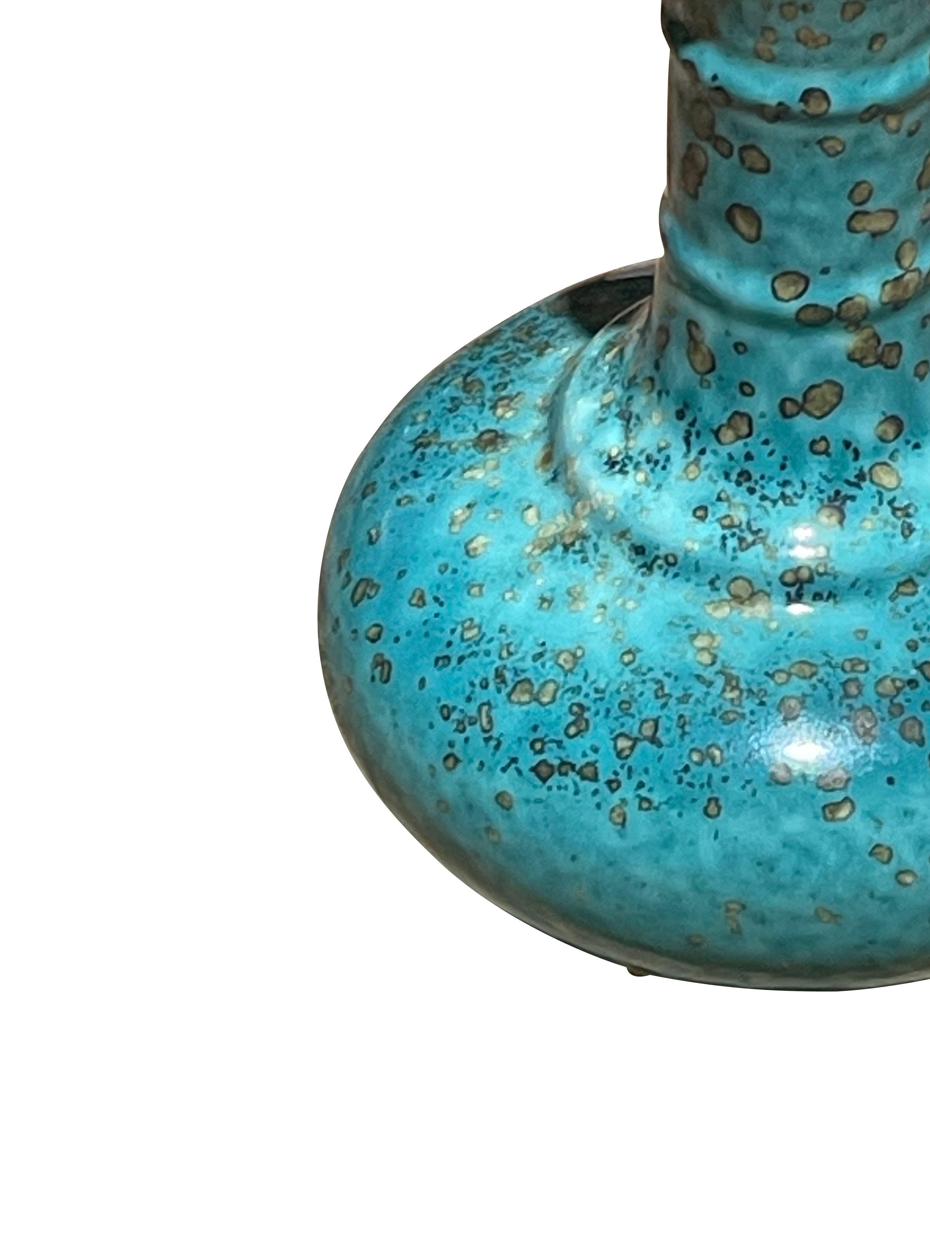 Chinese Turquoise with Gold Accents Short with Raised Rib Neck Vase, China