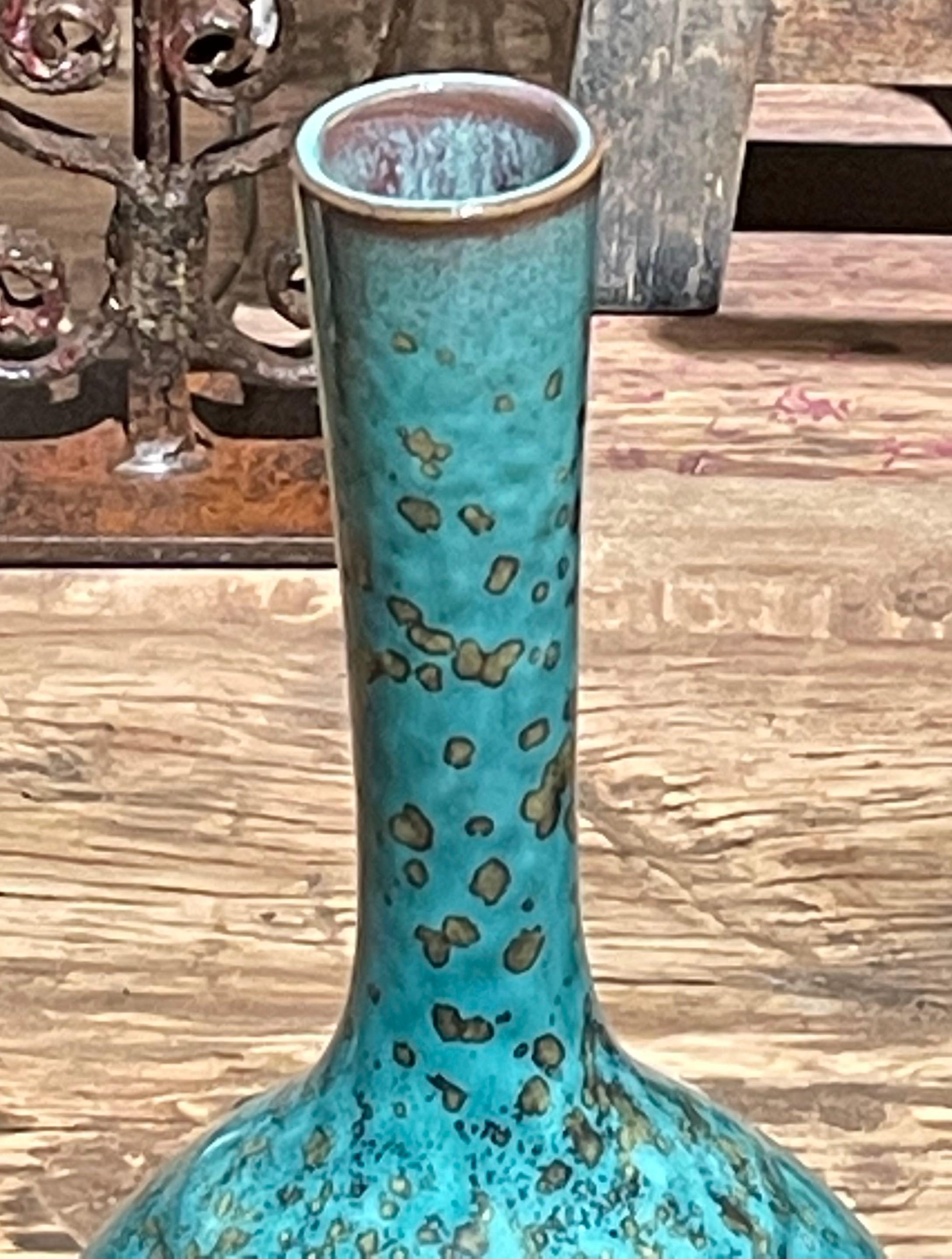 Chinese Turquoise with Gold Accents Tall, Thin Shape Vase, China, Contemporary