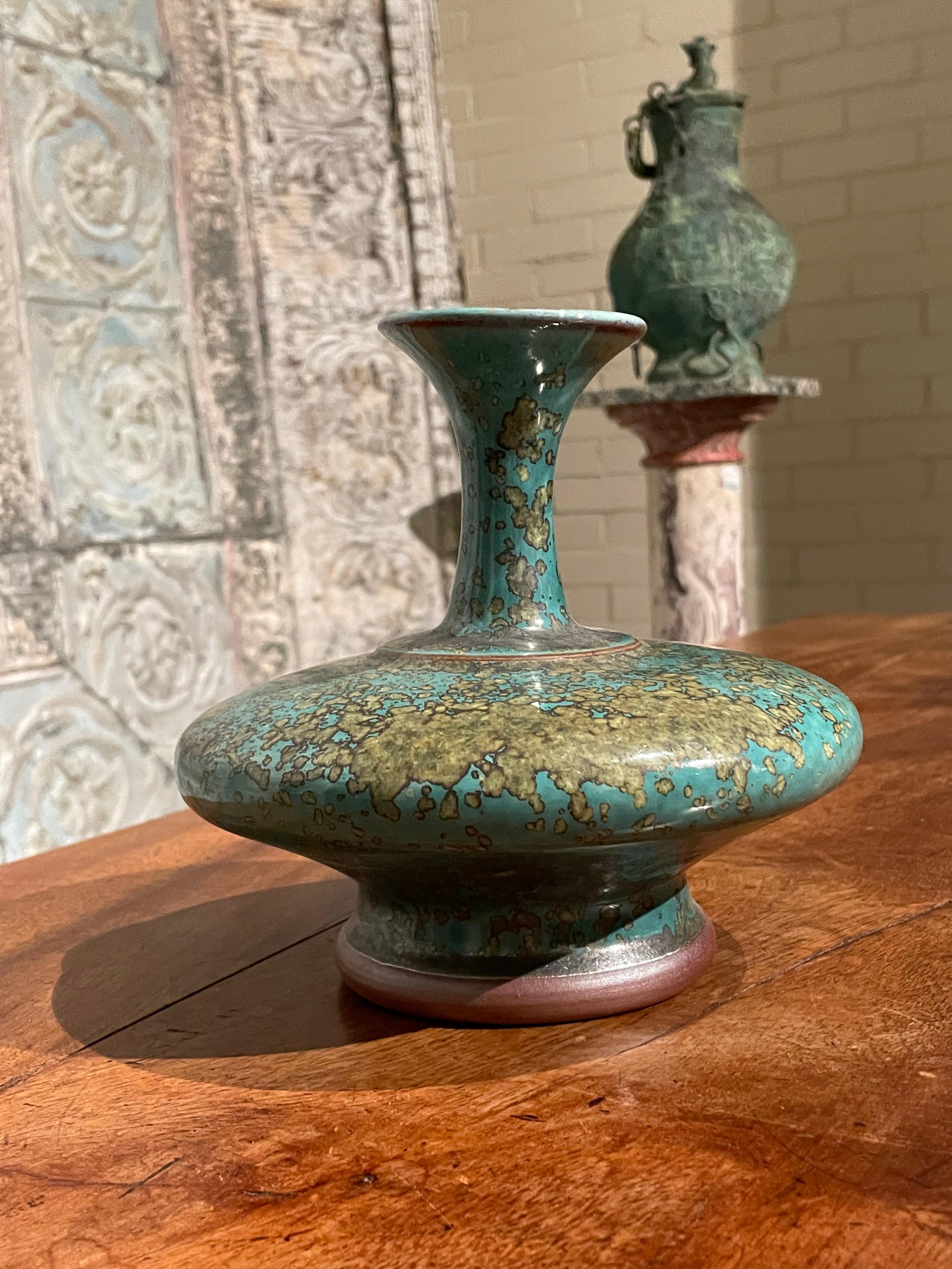 Turquoise with Gold Speckled Glaze Flat Shape Base Vase, China, Contemporary In New Condition In New York, NY